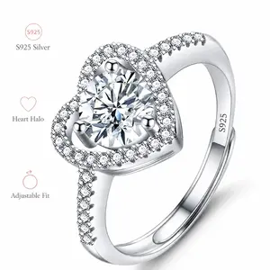 Moissanite Heart Ring for Women 925 Silver Adjustable Engagement Promise Ring Solitaire Wedding Band Valentine Gift Jewelry