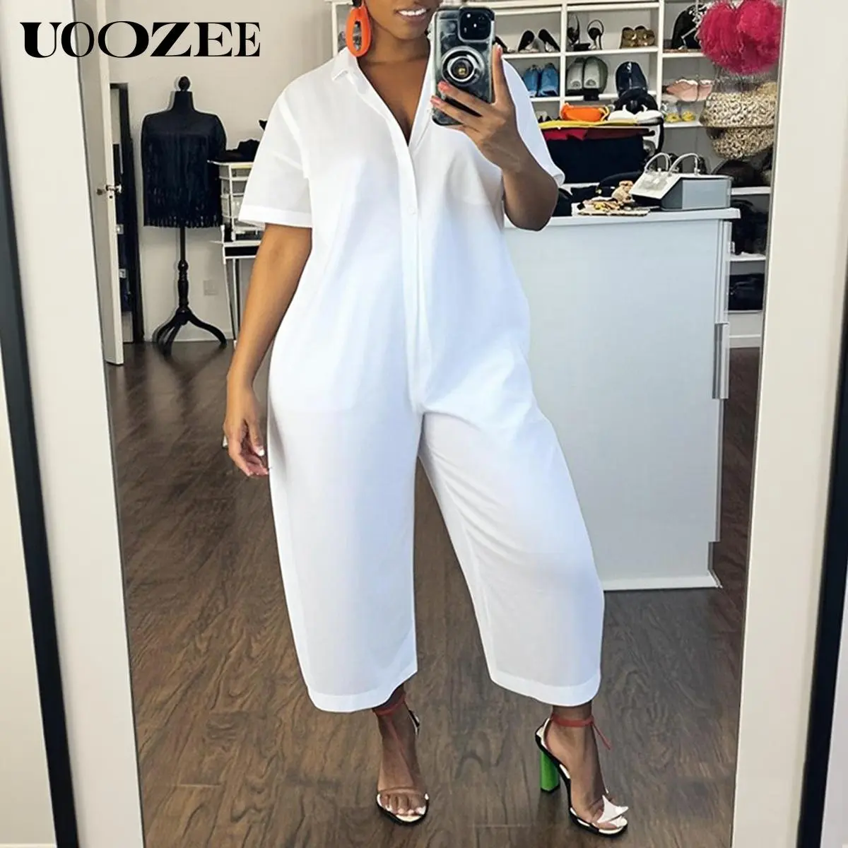 UOOZEE Lady's Solid Color Overalls, Short Sleeve Collared Button-Down Polyester Streetwear, Baggy Oversize Loose Straight-Cut Fit with Pockets, Shortsleeve, Basic, Minimalist, Rompers For Women, Plus Size, Button Front, Casual, Overalls For Women