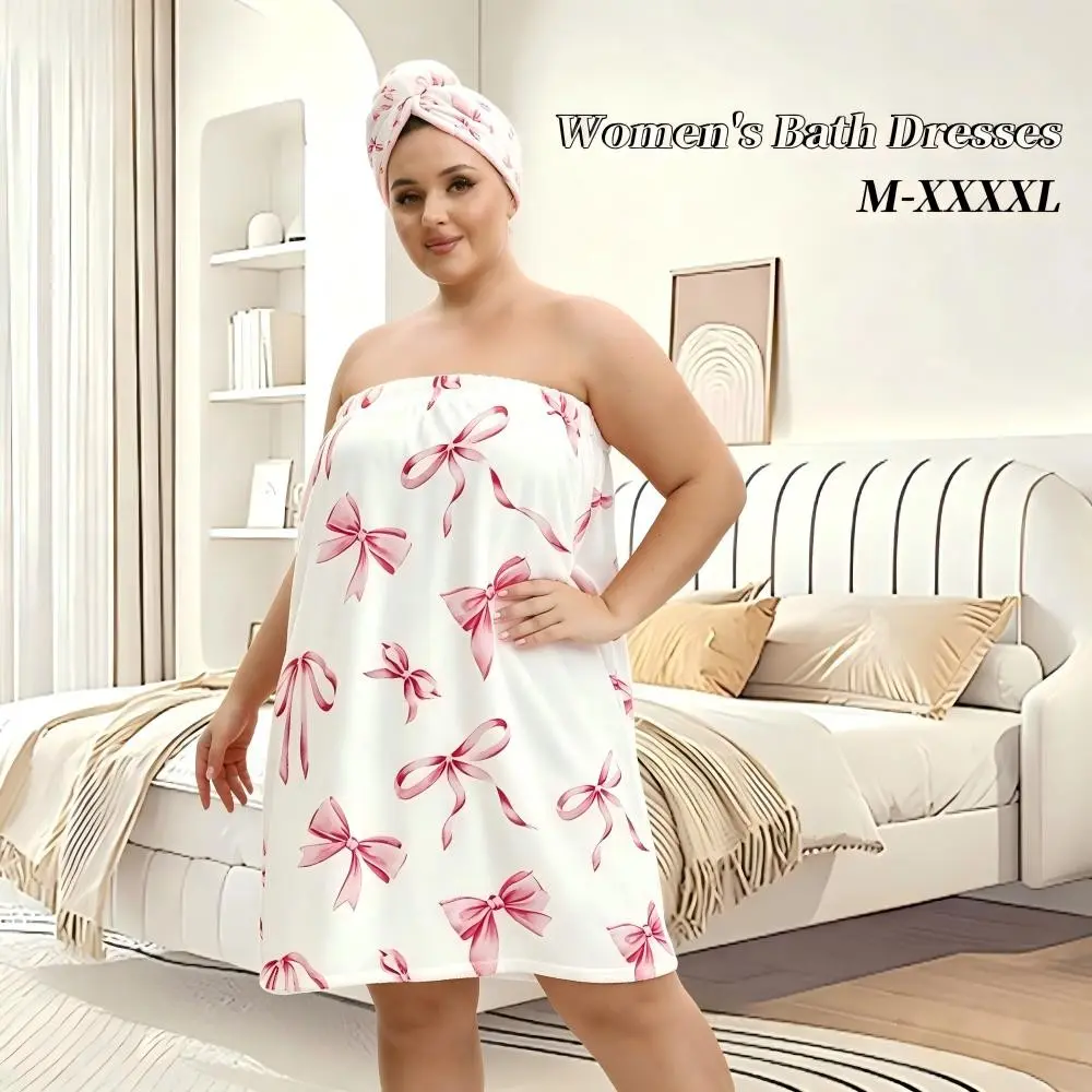 2pcs, fashionable pink bow-knot style printed pattern bath skirt and hair dry towel, 100% polyester fiber, soft, adult home bath skirt and hair dry hat set, suitable for bathroom, sauna SPA and salon wrapping, Bath Towels Wrap, Valentine's Day gift