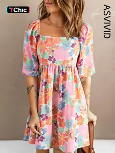 Women's Floral Print Puff Sleeve Smock Dress, Boho Romantic Short Sleeve Square Neck A Line Dress for Vacation Wedding Guest, Ladies Summer Clothes Casual Wear