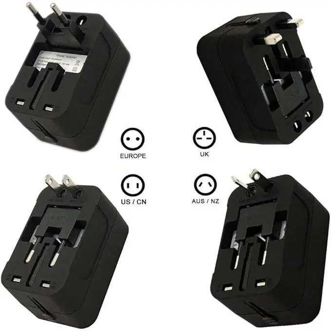 Universal Multi-functional Travel Charger Premium All in One Adapter with Dual USB Ports for USA EU UK AUS Fast Charging 5V/6A for Smartphones Tablets and More Black