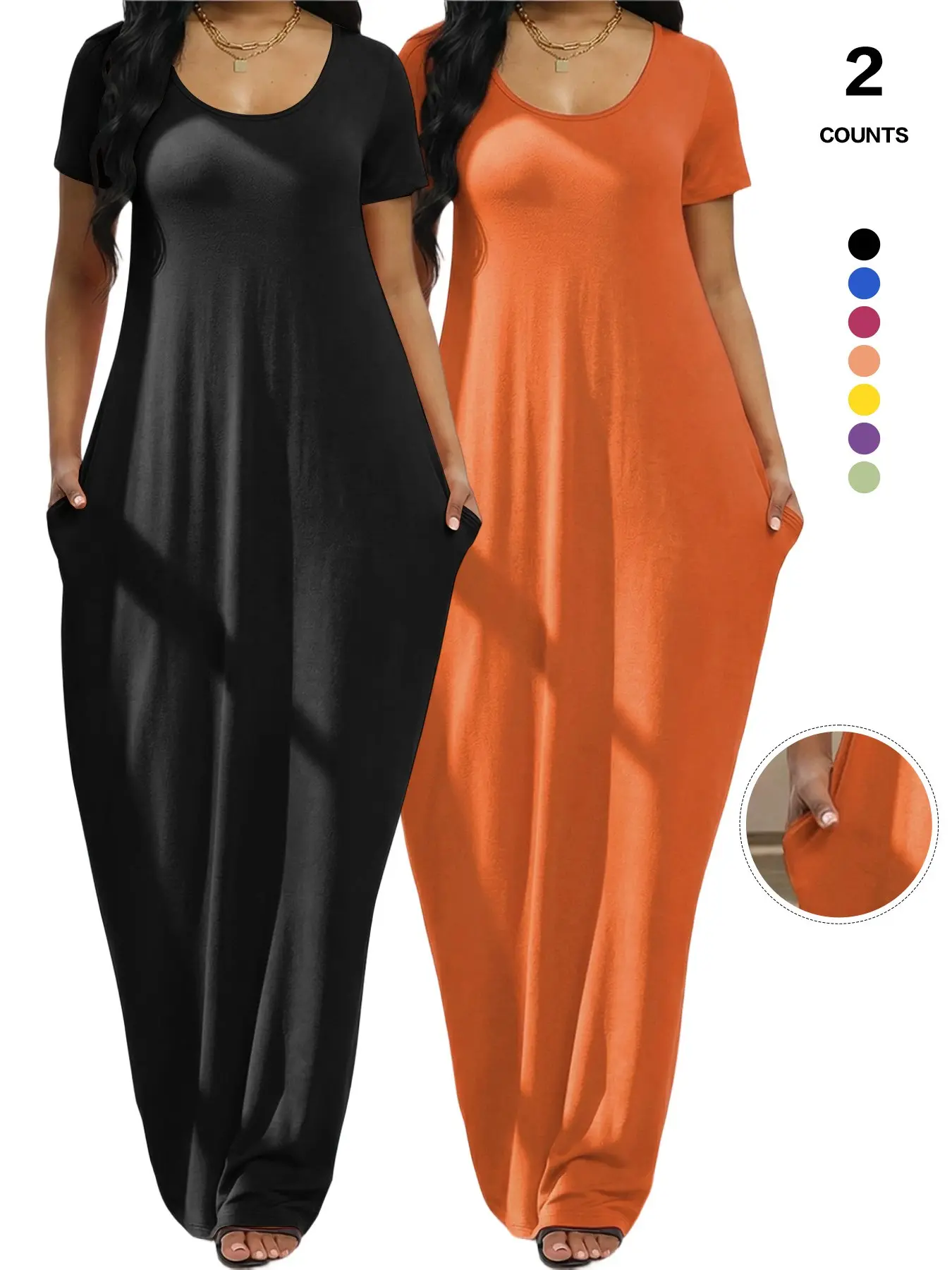 2026 French Minimalist 2-Pack Crew Neck Maxi Dress, Short Sleeve Loose Casual Everyday Sundress, Figure-Flattering Fall Dress for Women Fit, Breathable Casual Dress