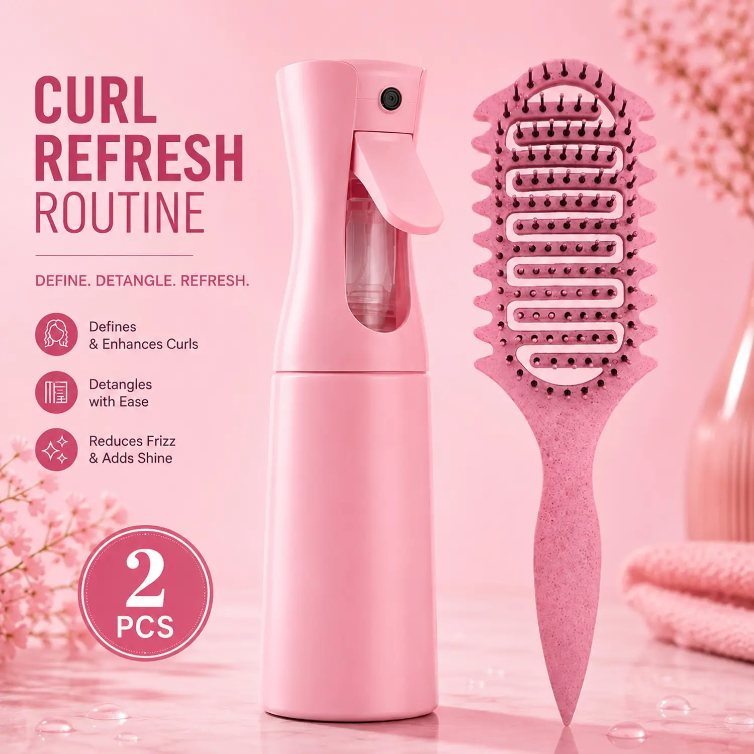 2PCS Curl Refresh Kit with Continuous Fine Mist Spray Bottle & Vented Detangler Brush, Quick Dry Wet & Dry Curl Defining Set, Anti-Frizz Hair Styling Tools for Curly, Wavy & Textured Hair