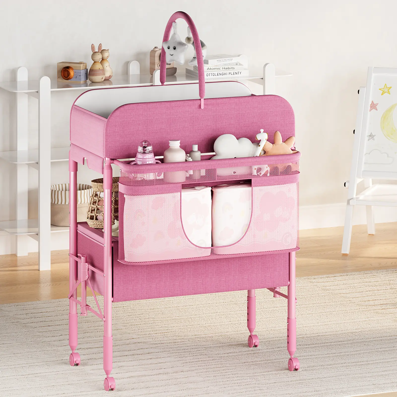 Baby Changing Table with Storage, Portable Foldable Diaper Changing Station with 2 Storage Baskets, Height Adjustable Waterproof Changing Table for Infant and Newborn
