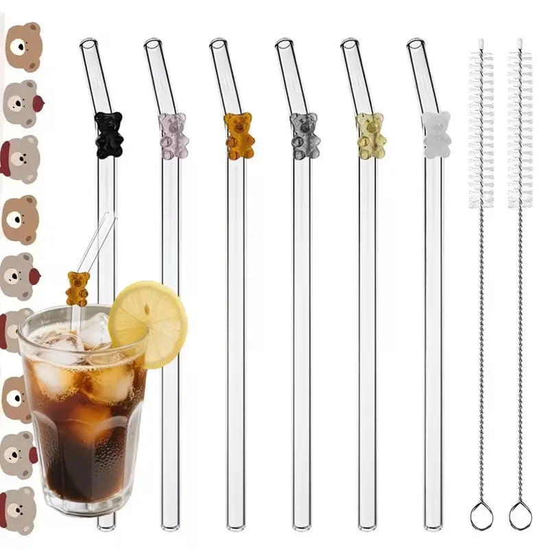 5-Pack Bear Theme Reusable Glass Straws with Cleaning Brush, Cute Borosilicate Glass Straws for Milk Tea, Coffee, Juice, Smoothies, Home & Restaurant Use, Utensils