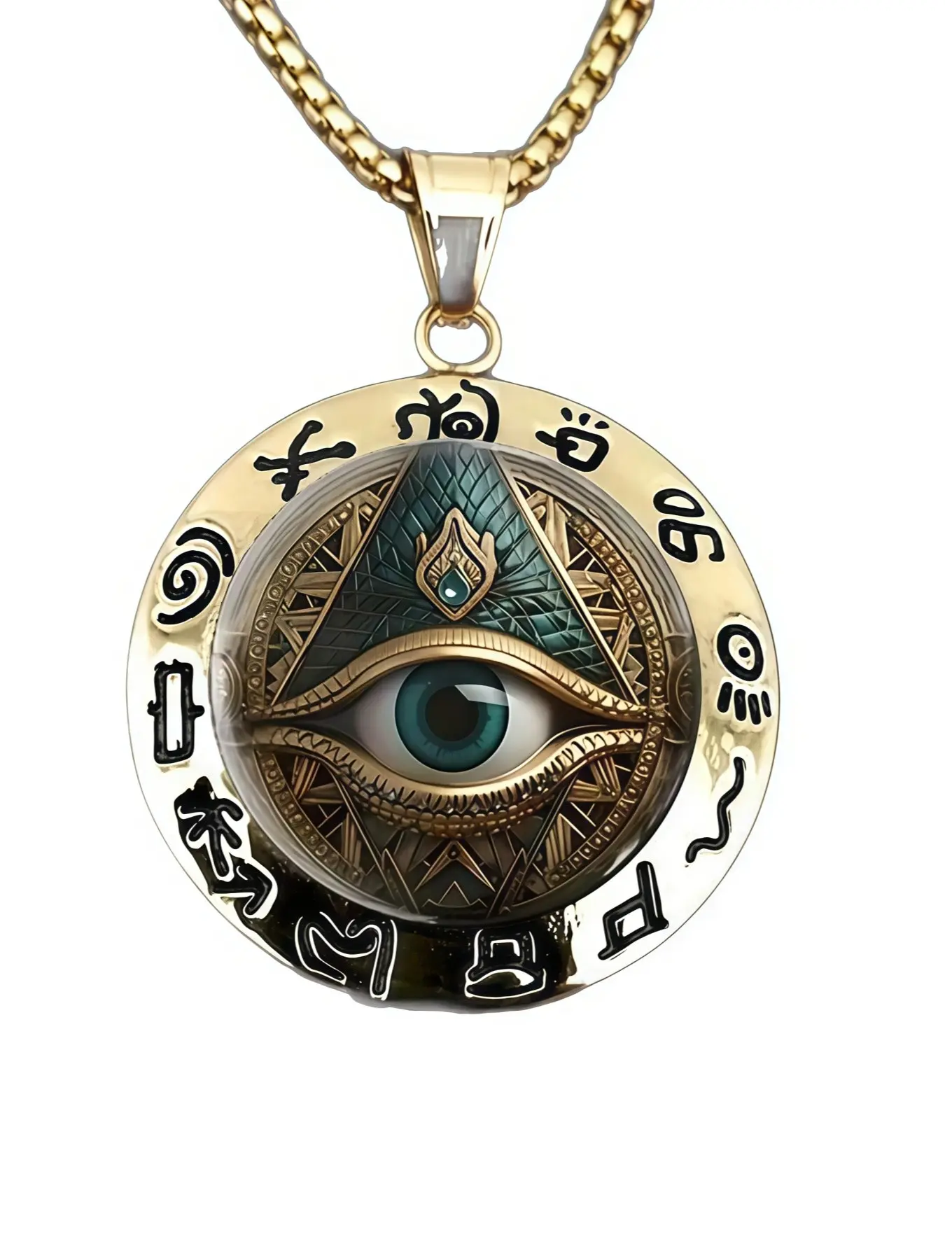 Ancient Egyptian Hieroglyphs Horus Eye Pendant Necklace, Triangular Pyramid Glass Charm, Chain, Mystical Spiritual Protection Jewelry for Men