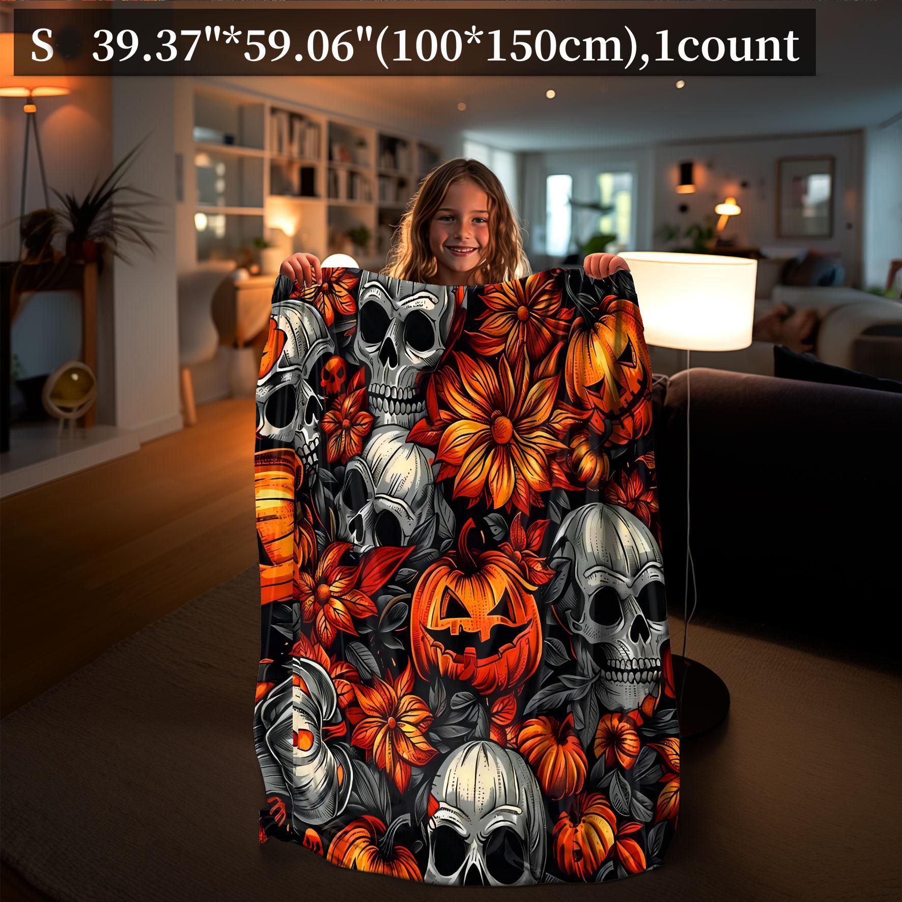Skull & Pumpkin Pattern Blanket, 1 Count Soft Warm Nap Throw Blanket, Air-conditioned Room Blanket for Home Office Travel Camping Dormitory, Christmas Gifts, Christmas Decorations, Floral Print Blanket