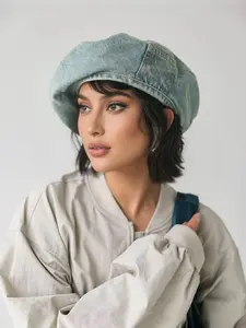 Women's Vintage Washed Denim Design Beret, Casual Outdoor Blue Hat for Women, Fashion Accessories for Daily Wear