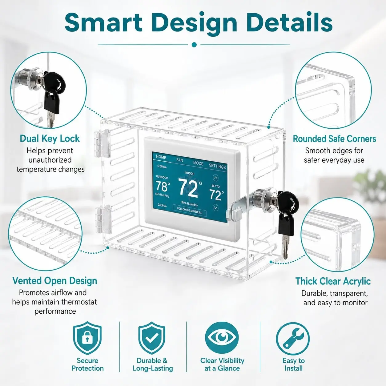 Clear Thermostat Lock Box, Wall Mounted Acrylic Thermostat Cover with Key Lock, Dustproof Vented Anti-Tamper Thermostat Guard, Large Protective Locking Case Fits 4.8"H x 6"W or Smaller for Home Office School Restaurant Hotel Store