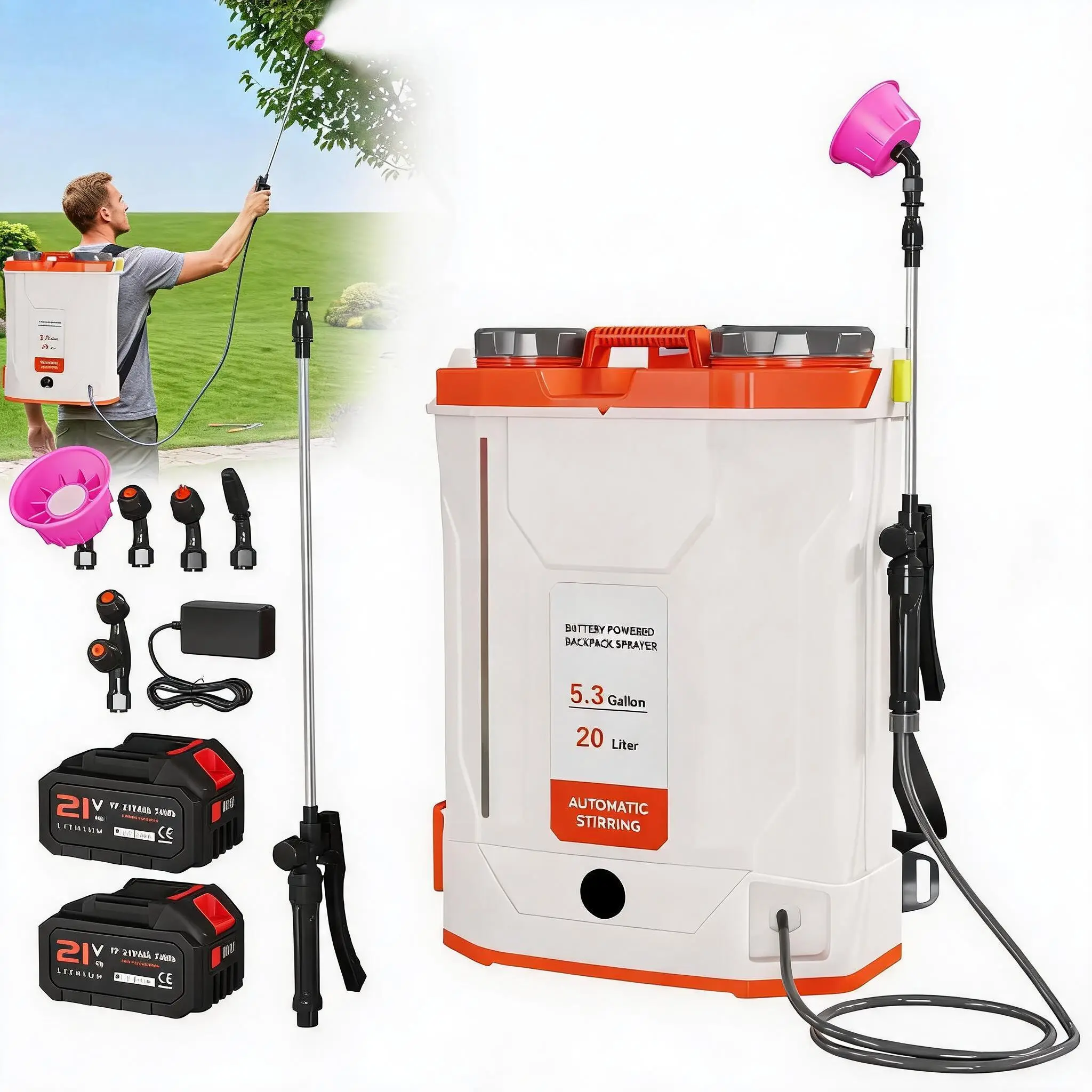 5.3 Gallon Electric Backpack Sprayer, 21V Battery Powered Garden Sprayer with Agitation System & 5 Nozzles, 90 PSI Adjustable Weed Sprayer