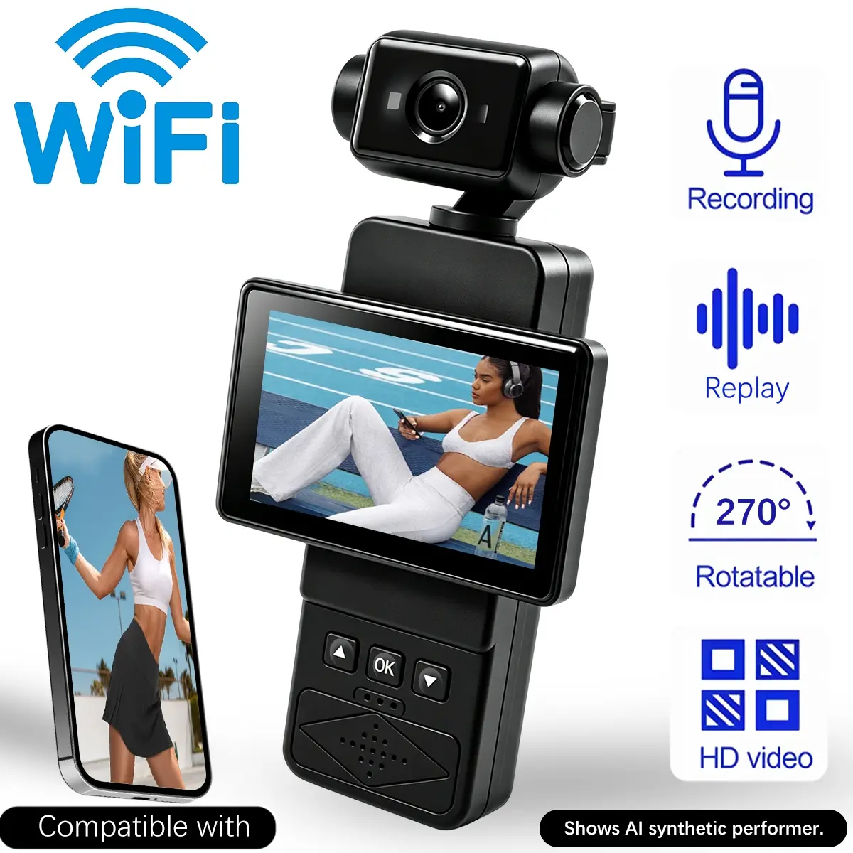 1080P HD Pocket Camcorder, 270° Rotating Screen Action Camera with WiFi, Automatic Loop Recording, Handheld Vlogging Video Recorder, 2.65" Display, Support 1–32GB Memory Card, Unisex, Perfect for Daily, Outdoor & Festival Use, Video Recording Equipment