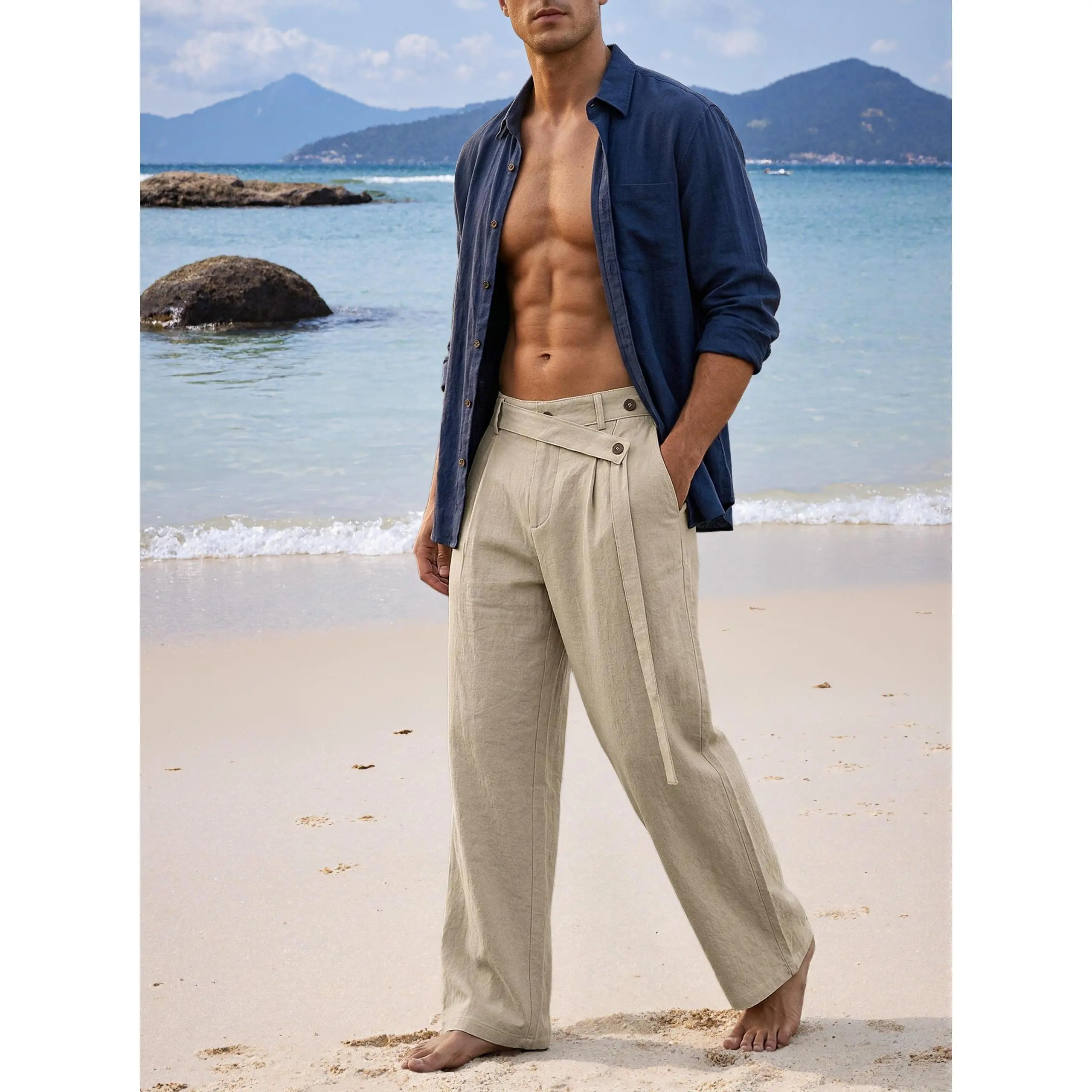 Italian Naples Old Money Style Men’s Casual Loose Linen Straight-Leg Long Pants for Commuting slacks Beige Plain pantalones para hombre pants for men cargo pants for men pantalones de trabajo hombre Breathable Shorts Loose-Fit Drawstring Wide Sweatpants