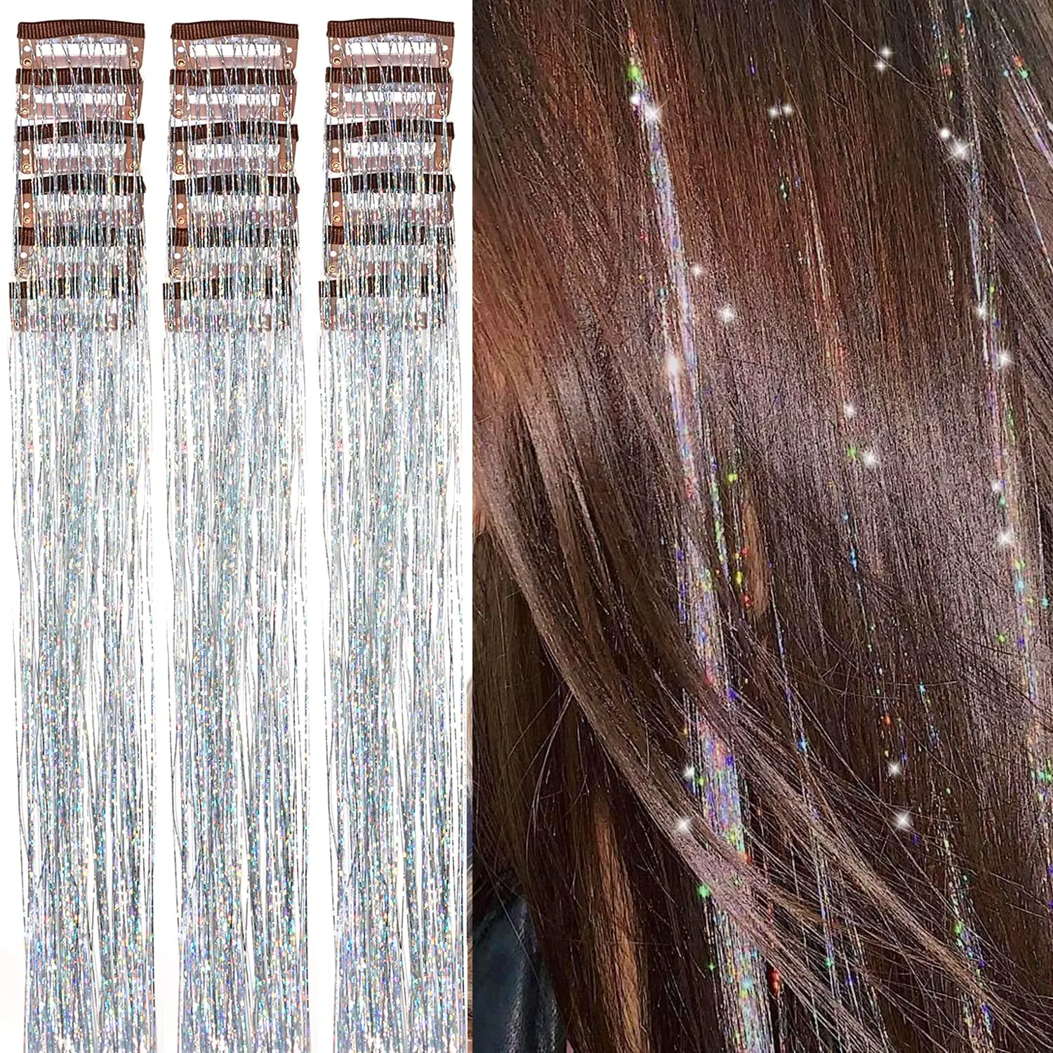 Hair Tinsel Clip in Pack of 18 count 20 Inch Clip in Hair Tinsel  Glitter Tinsel Hair Extensions Fairy Hair Clips Party Dazzle Hair Accessories for Girls  Women (-18 Pcs)