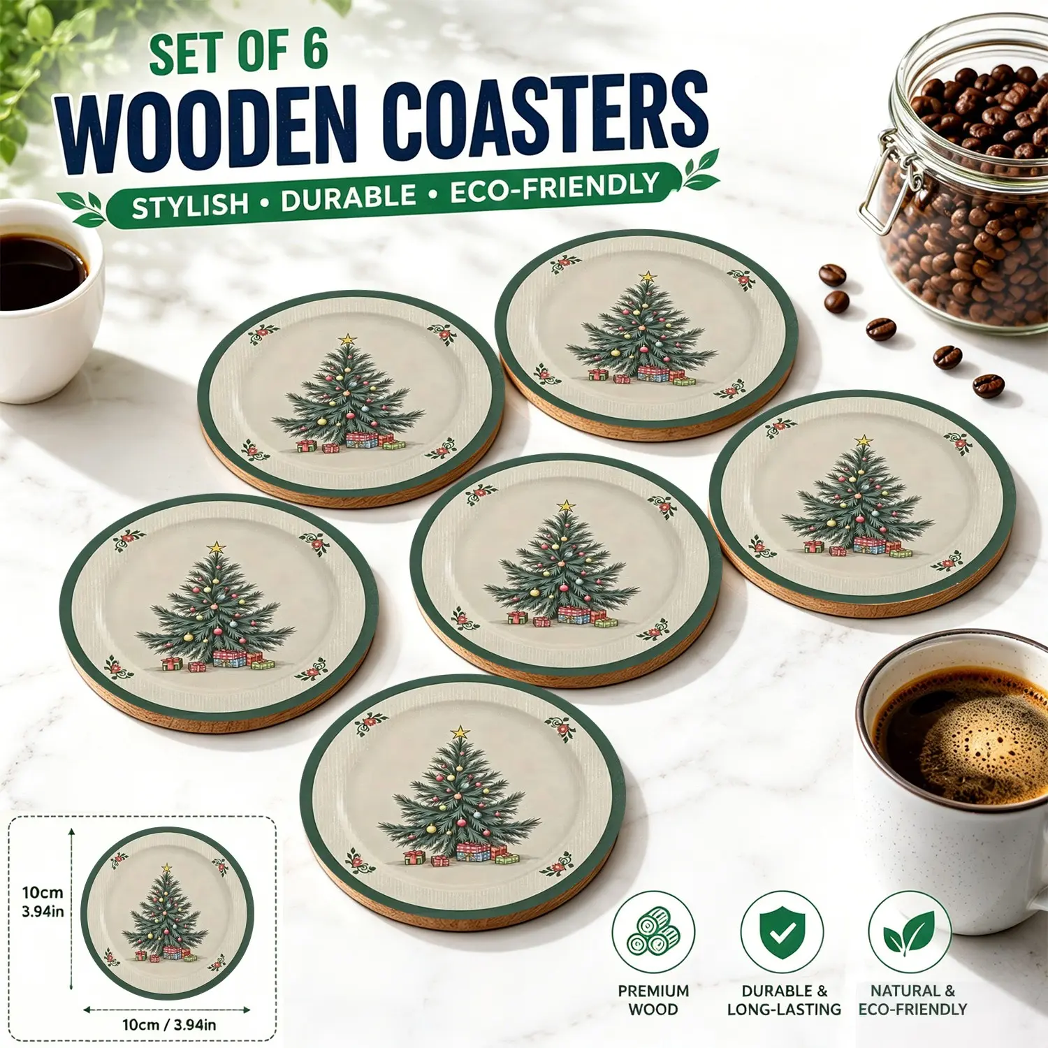 🌲 6PCS Vintage Christmas Tree Wooden Coasters | Classic Green & Beige Xmas Drink Coasters | Ralph Lauren Christmas Vibes | Nostalgic Holiday Home Decor | Hot Cocoa & Coffee Bar Set