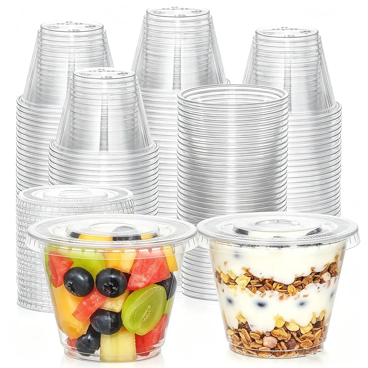 10oz Transparent Plastic Cup Set, Reusable Dessert Cups with Round Flat Lids, Ideal for Ice Cream, Pudding, Cake, Snacks, Smoothies, Cold Drinks, Fruits, Reusable Clear Plastic Cups
