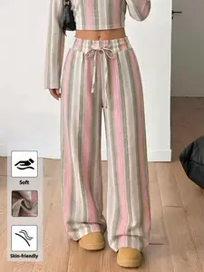 Women's Pink Green Striped Linen Wide Leg Pants, High Waist Drawstring Palazzo Trousers, Summer Casual Loose Flowy Pants for Vacation, Daily Wear #springsaledeals2026 #summeroutfits #tiktokshopmademebuyit #womenfashion