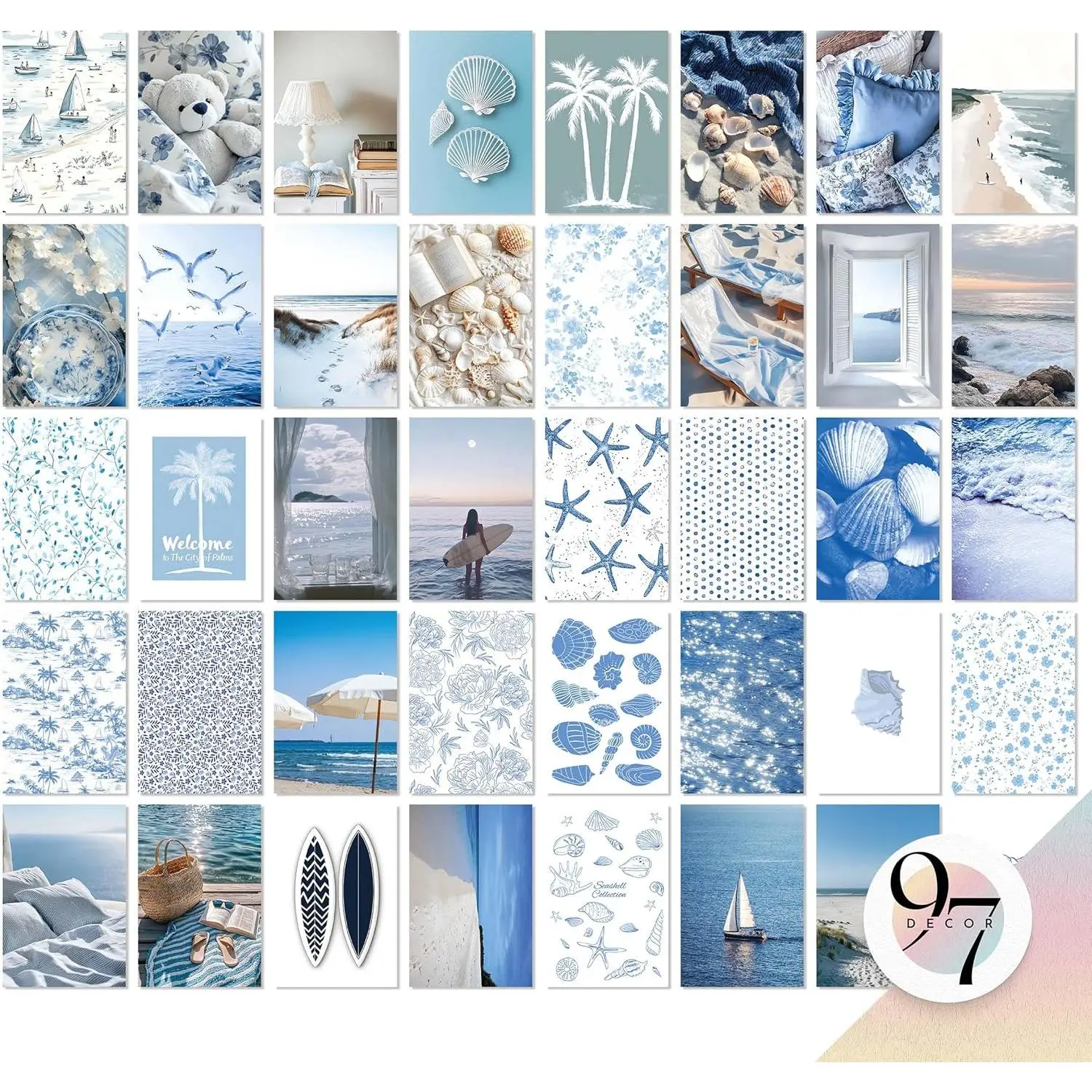 Coastal Wall Art - 40 Pcs Beach Posters For Room Aesthetic, Cute Beachy Pictures Wall Decor, Coastal Photo Collage Kit Blue Ocean Decor For Teen Girls Dorm Bedroom (4x6)