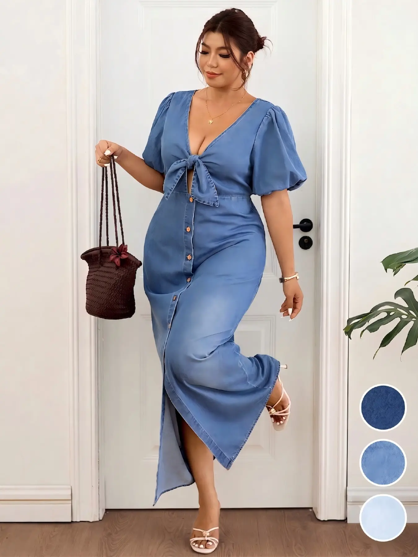 Plus Size Light Wash Denim Long Skirt, Women's Bubble Sleeve Front Tie Open Front Split Long Denim Skirt, Fashionable and Comfortable