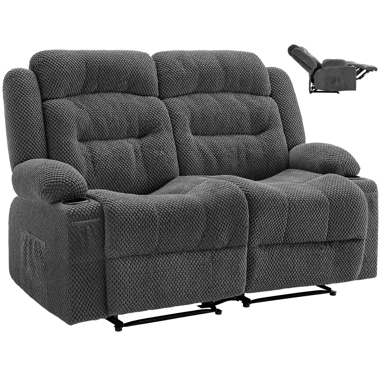 VEVOR Manual Reclining Loveseat Sofa with Heating, Massage, Adjustable Back, Armrest, USB Ports, Cup Holders, Side Storage Bags, Soft Corduroy, Grey (Backrest Height:27.6 in, 94x164x87 cm, Item Model Number:a1504-2plr) for Living Room