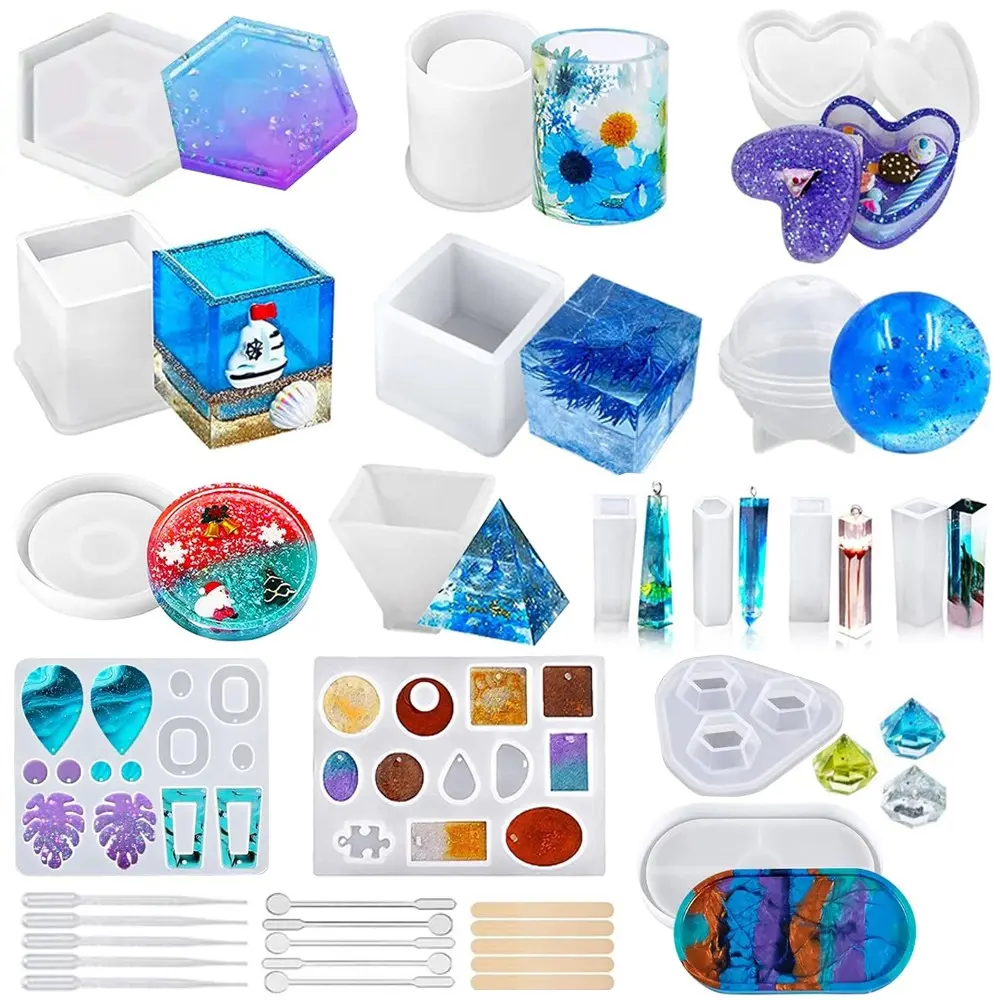 31pcs Epoxy Resin Casting Molds Silicone Kit, Silicone Resin Mold, Round, Square and Cylindrical, Jewelry Making Earrings Pendants DIY Tools, Including Pyramid, Sphere, Cube, Coaster Molds, Pendant Molds, Resin Jewelry Making Kit For Beginners