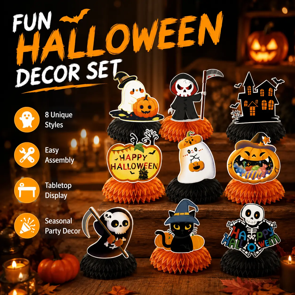 9 PCS Halloween Honeycomb Table Centerpieces, Cute Ghost Pumpkin Skeleton Witch Cat Haunted House Decorations, 3D Paper Tabletop Decor for Halloween Party, Home, Classroom, Office, Mantel, Shelf, Fall Party Supplies & Seasonal Display