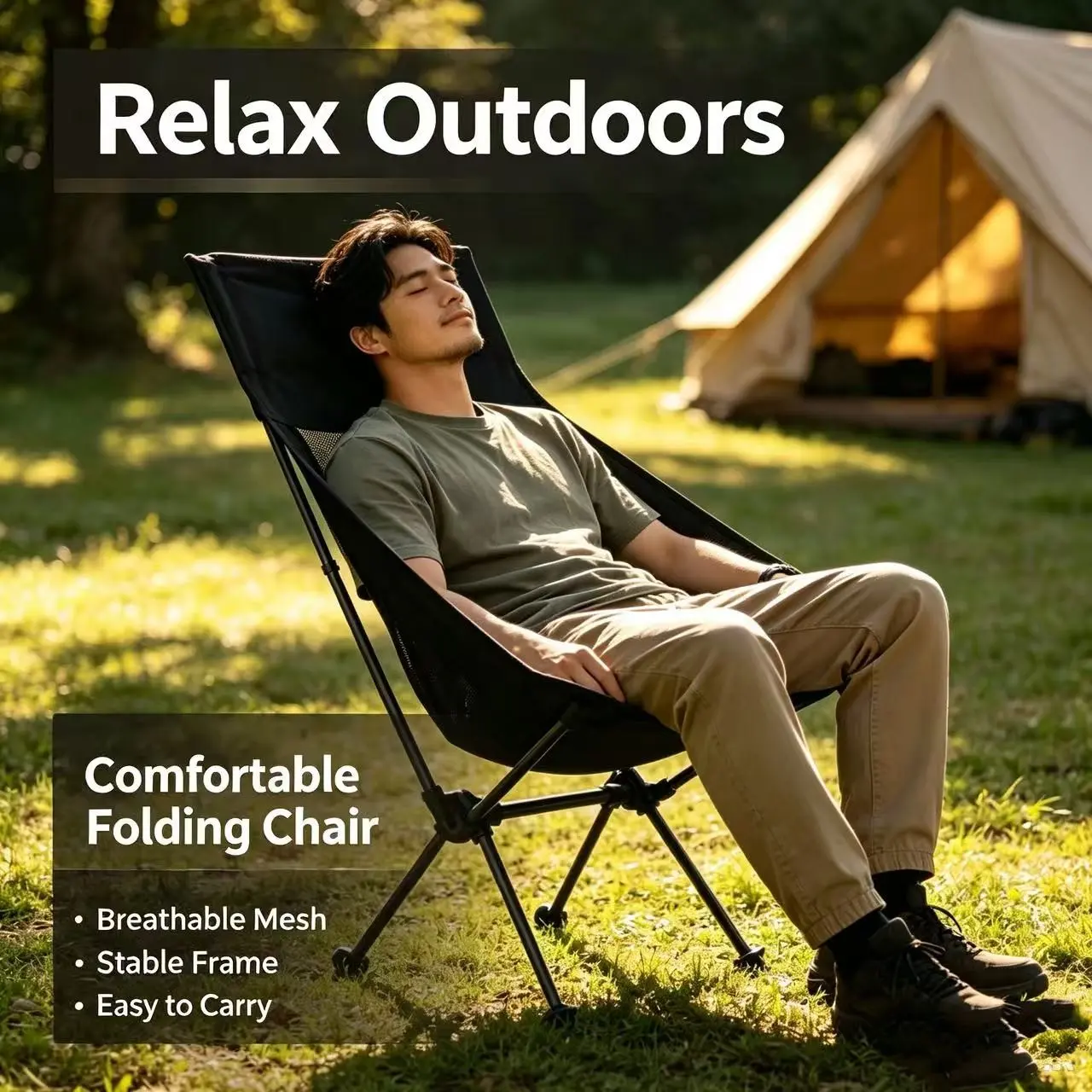 Portable Outdoor Folding Chair, Carbon Steel Lightweight Camping Chair, Leisure Moon Chair for Fishing Beach, Easy to Carry and Set Up