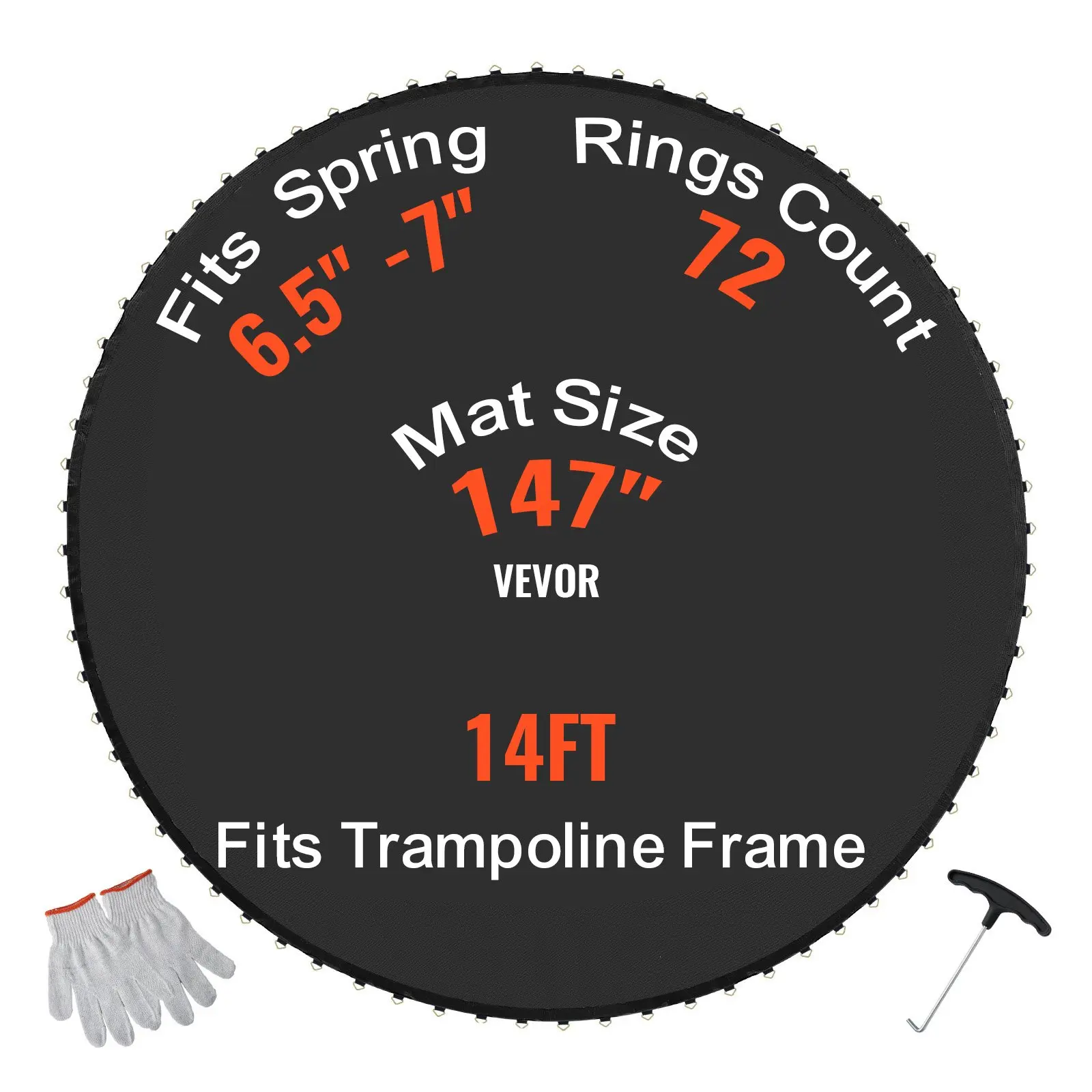 VEVOR Replacement Trampoline Mat, Jumping Mat Fits 14ft Frame, Universal Jumping Mat for 14ft Round Trampoline, Reinforce UV-Resistant Mat with Spring Tool Durable V-Rings, Fit 6.5"-7" Spring Length