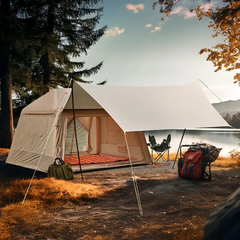 Inflatable Camping Tent, Easy Setup Windproof Blow Up Tent with Air Pump, 4 Seasons Oxford Fabric Glamping Tent with Mesh Windows for Outdoor Use