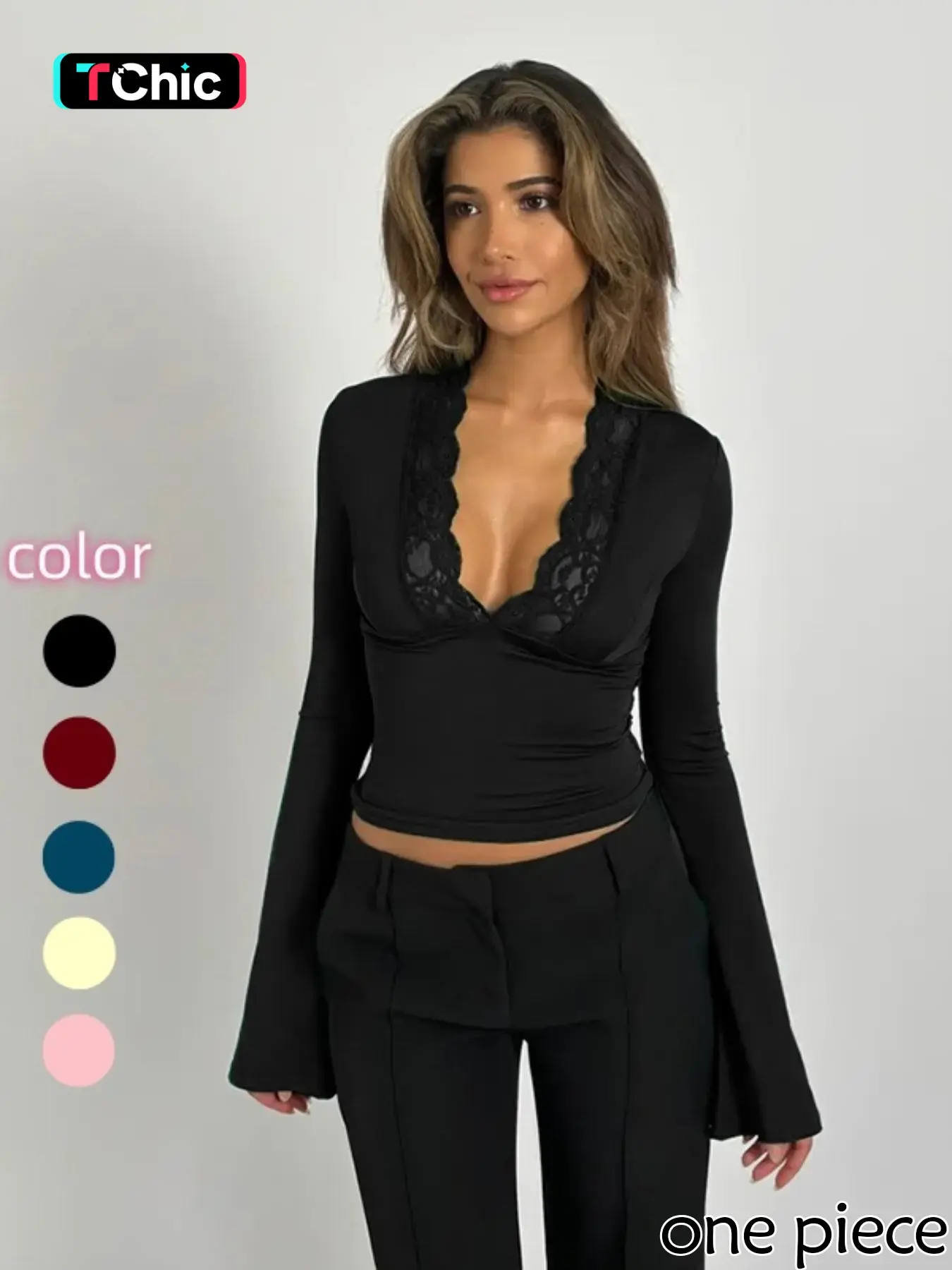 Women's Contrast Lace Plunge Neck Flounce Sleeve Tee, Elegant Feminine Deep V Neck Long Sleeve Top for Spring & Fall, Women's Clothes for Daily Wear