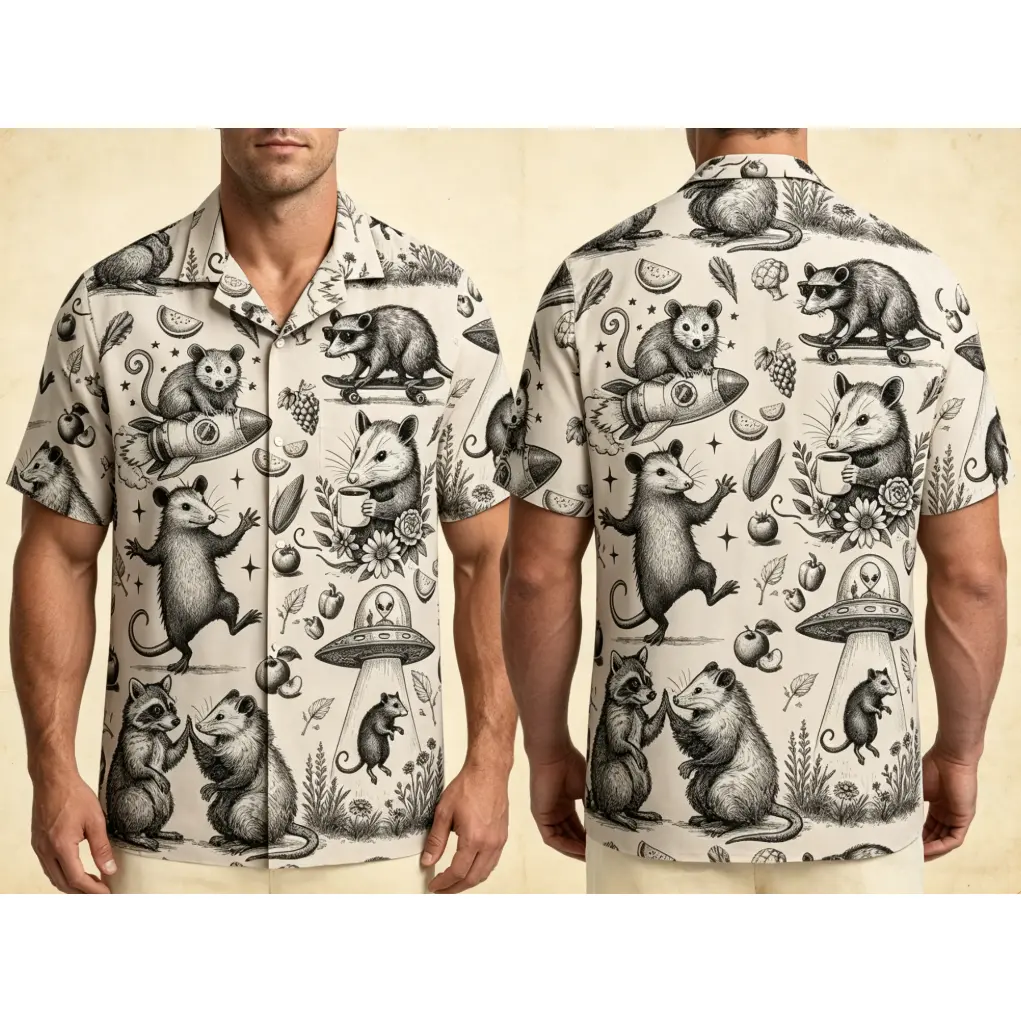 Funny Opossum Hawaiian Shirt Men Women Youth, Vintage UFO Coffee Possum Shirt, Weird Animal Aloha Button Down Short Sleeve