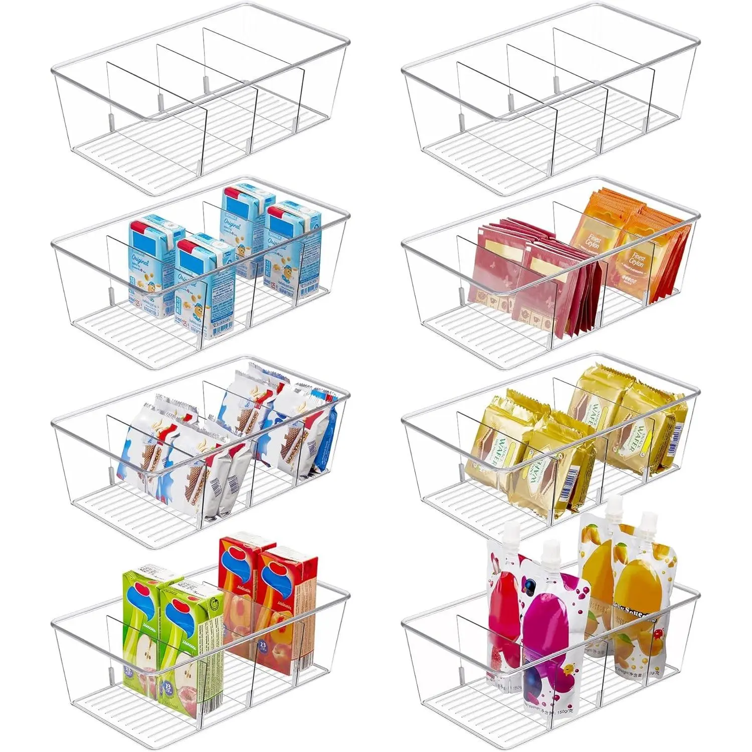8 Pack Food Storage Organizer Bins, Clear Plastic Bins for Pantry, Kitchen, Fridge, Cabinet Organization and Storage, 4 Compartment Holder for Packets, Snacks, Pouches, Spice Packets