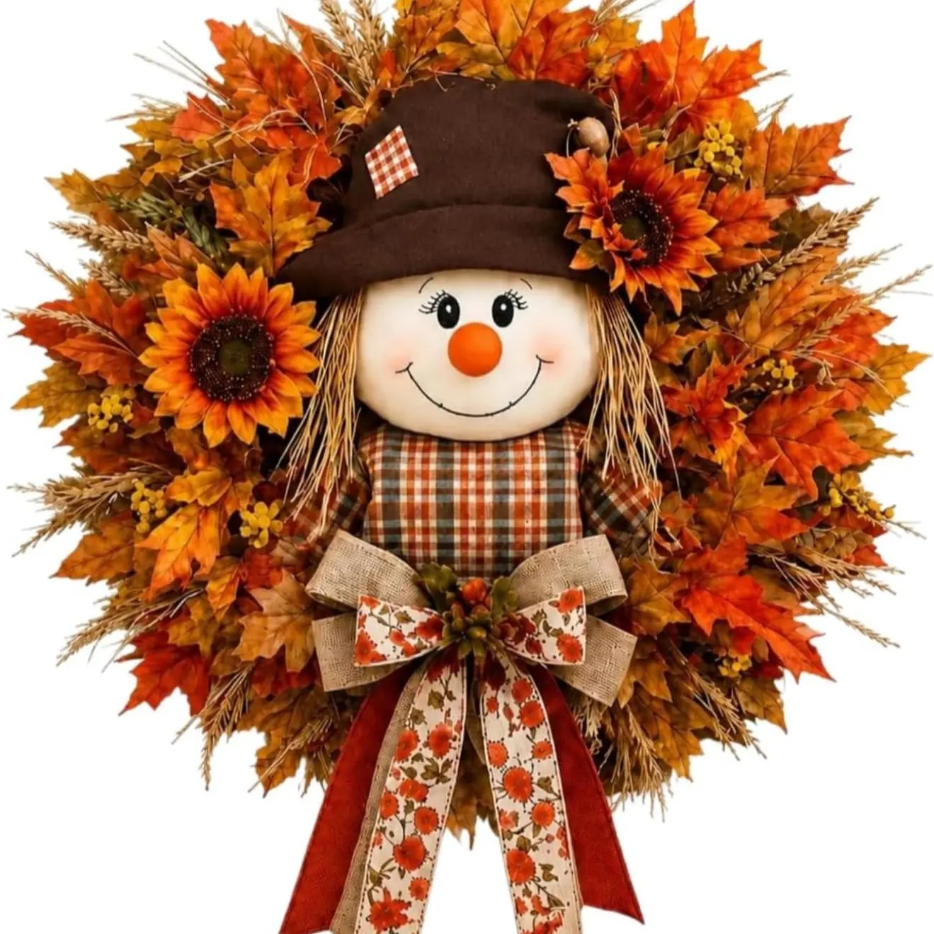 Fall Harvest Door Ring with LED Light, Classic Style, Sunflower Maple Leaf Wreath, Warm Color Leds, Farmhouse Burlap Bow and Leaves