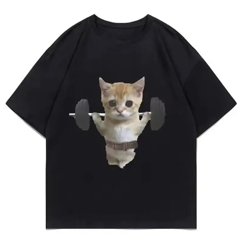 Oversized Casual Funny Sam Sulek Cat Gym Meme Graphic Print T-Shirt, Men's-Women's Gym Wear Fitness Pump Cover Sports Top, Tshirt, Graphic Tee