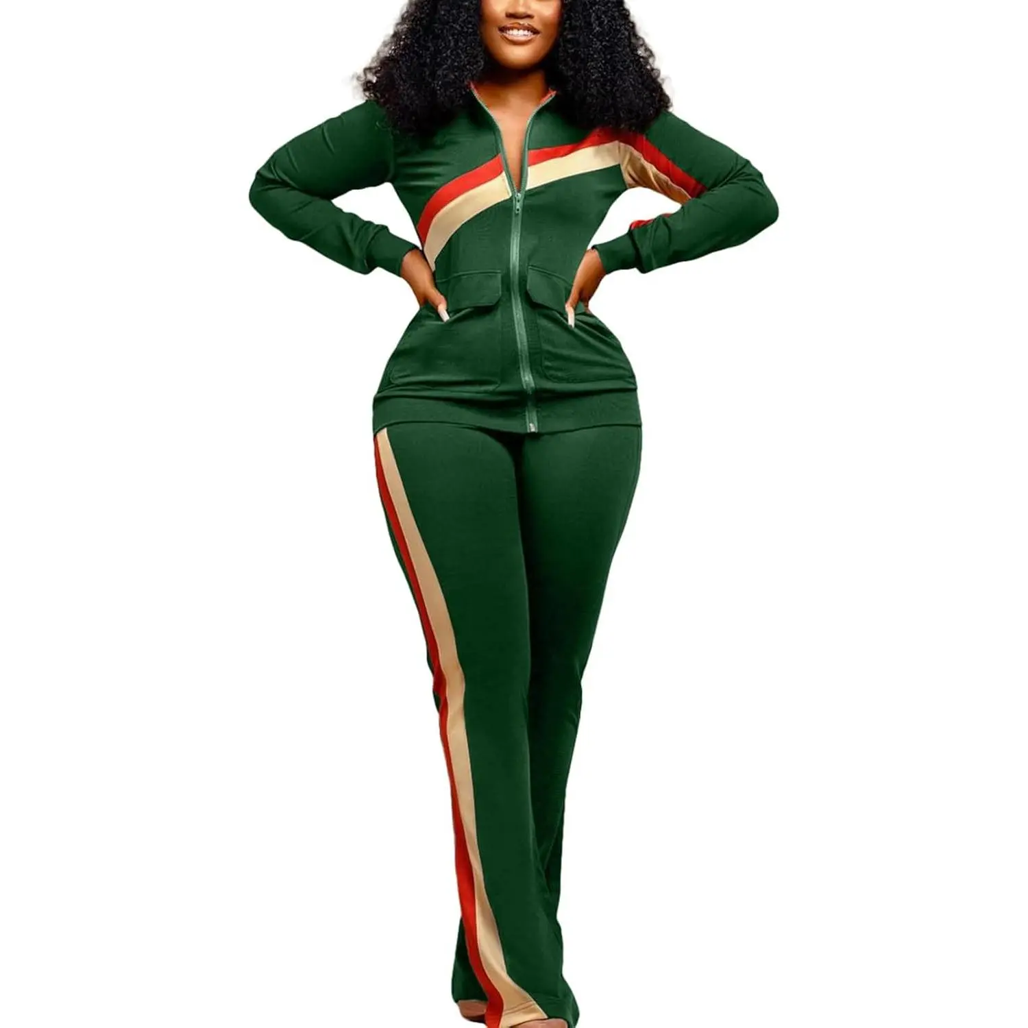 Women's 2-Piece Retro Tracksuit Set, Long Sleeve Striped Zip-Up Jacket, Wide Leg Long Pants, Wine Red (for Maternity Use), Two Piece Set