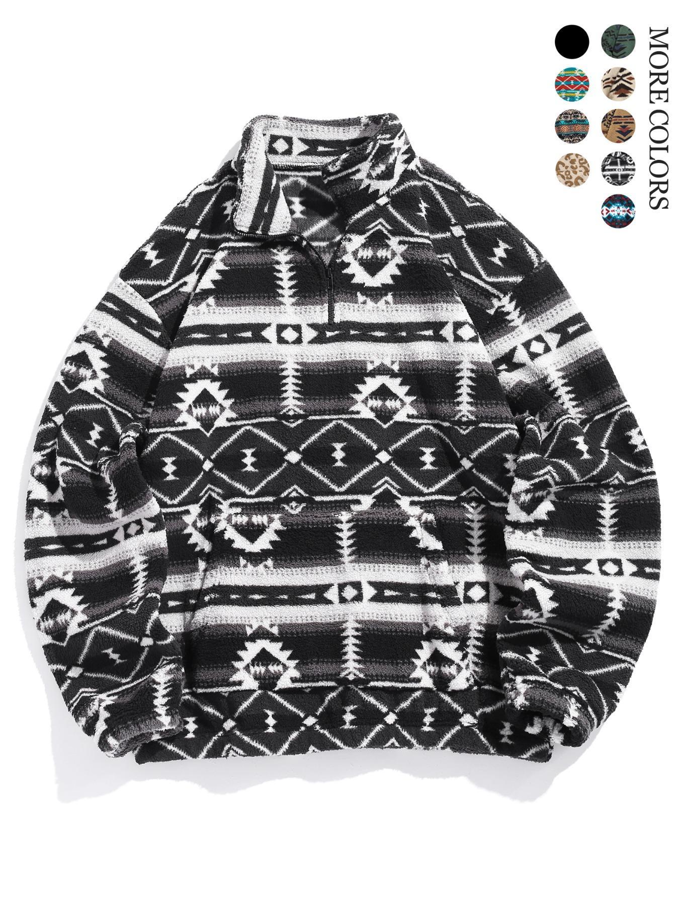 Men's Ethnic Pattern Drop Shoulder Zipper Sweatshirt, Regular Fit Casual Comfy Long Sleeve Stand Collar Pullover for Fall & Winter, Men's Clothes