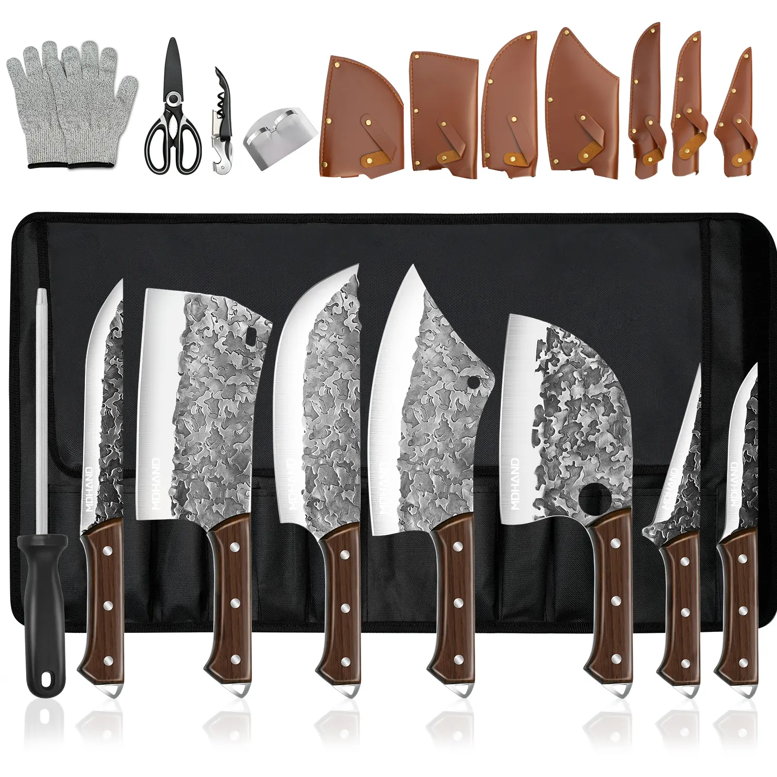 14Pcs Kitchen Chef Knife Set MDHAND Professional Butcher, Hand Forged Non-Stick High Carbon Stainless Steel Kitchen Knife Set - Sharp Knives for Cutting Meat, Ideal Kitchenware for Cooking Needs with Roll Bag