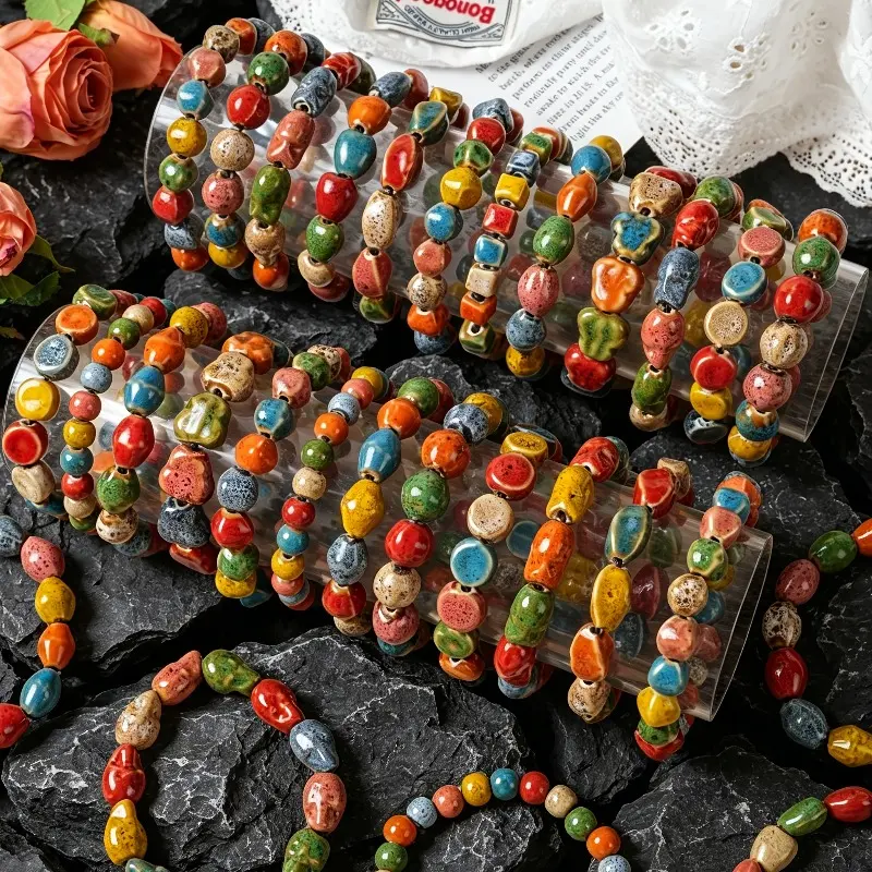 10Pcs Men' & Women' Vintage Ceramic Beaded Bracelets - Multicolor Stretch Beads with Irregular Bead Shapes, Casual Suitable for Summer Beach, Party, Daily Wear, Year-Round Stretchable for Parties, Everyday Use