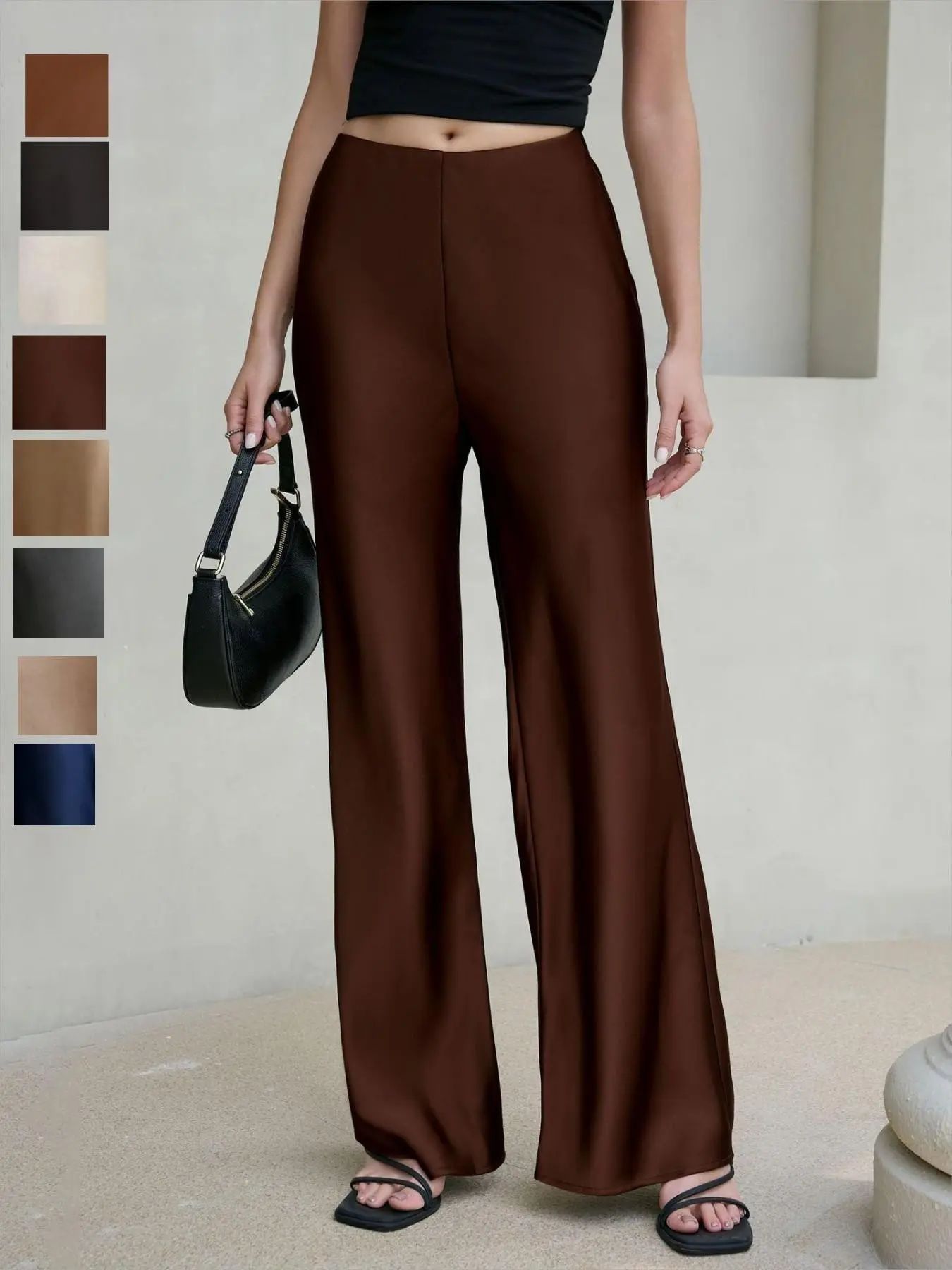 Elegant Acetate Satin Long Pants for Women, High-Waisted Straight Leg Wide Leg Trousers, Office Wear Outerwear, Premium Quality