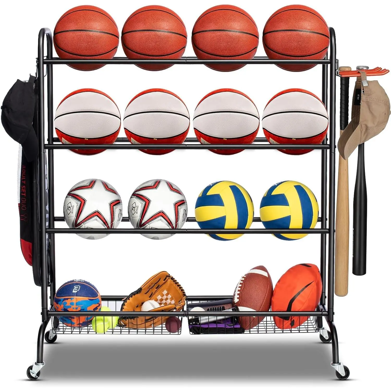 Basketball Rack with Wheels 4 Tier Garage Ball Storage Organizer