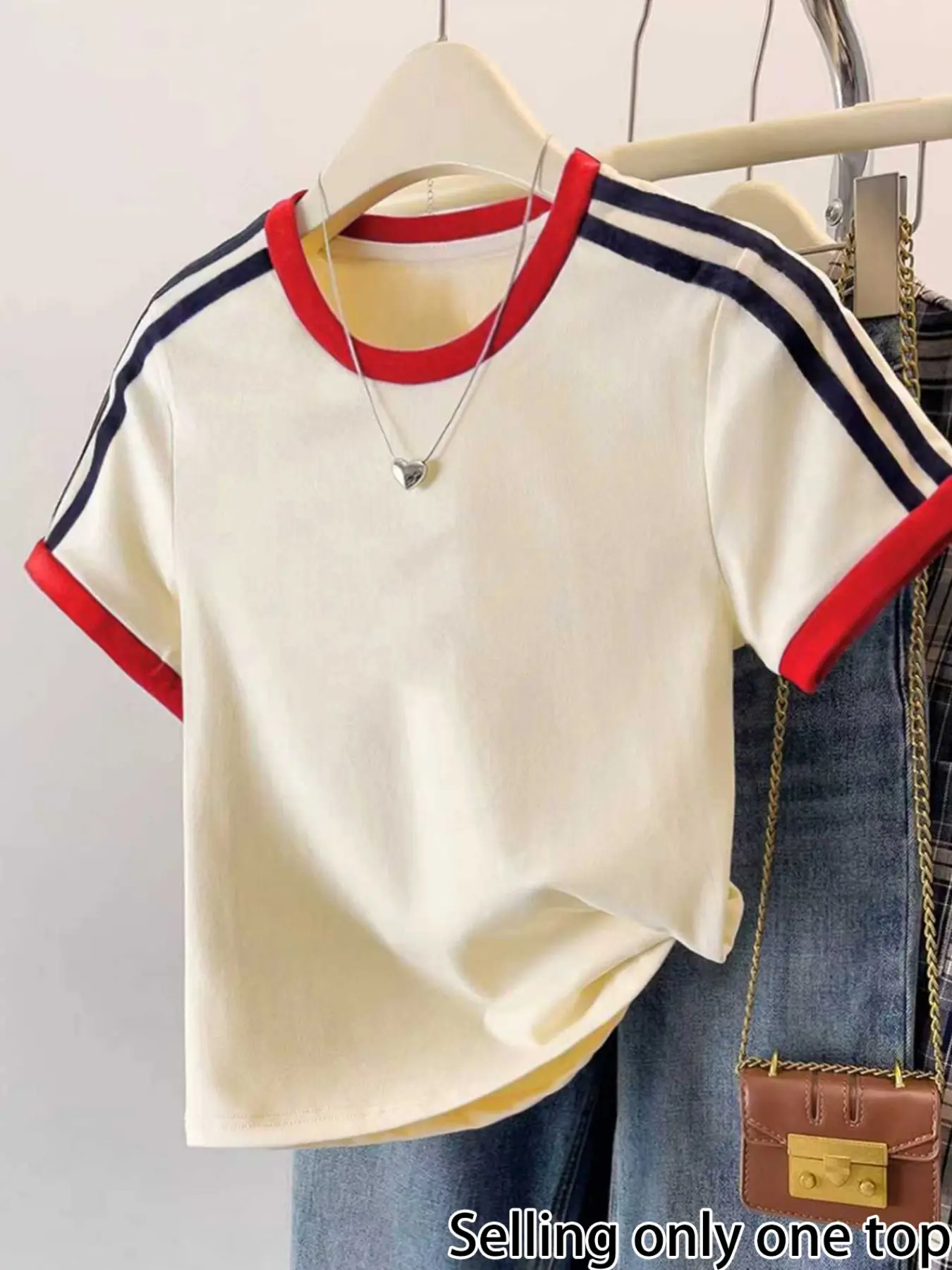 Spring Summer Round Neck Striped Short Sleeve Women's T-Shirt, Colorblock Loose Fit Top, Casual Campus Wear, Outdoor Activities