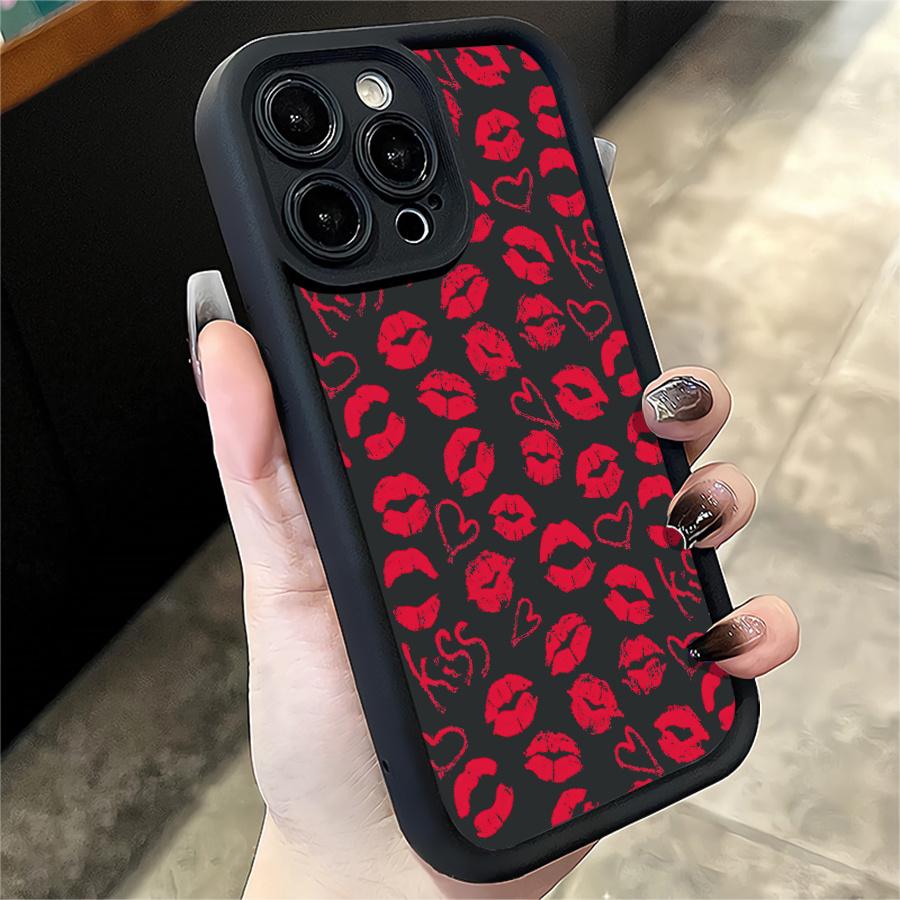 Phone Case: 1pc Red Lip Print Heart Kiss Phone Case Suitable for Apple iPhone 17 E Air Pro ProMax iPhone16 15 14 Plus 13 12 Mini 11 X XS XR Antidrop Shock Proof All Inclusive Lens Protection Girlish Style Cute Can