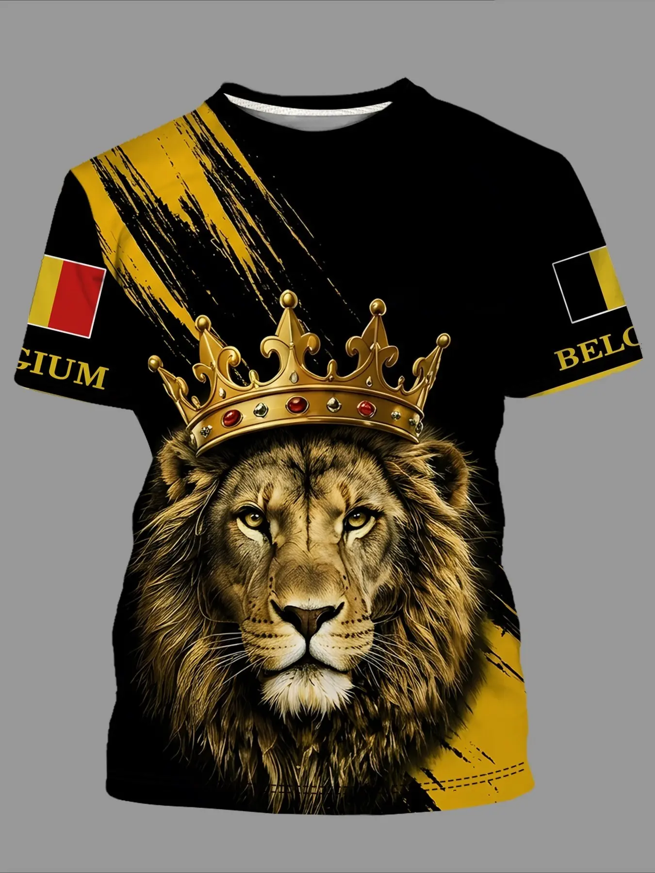 Men's Sporty Round Neck Short Sleeve T-Shirt, Belgium Flag Color Loose Fit, Casual Training Top, Full Print, All Seasons