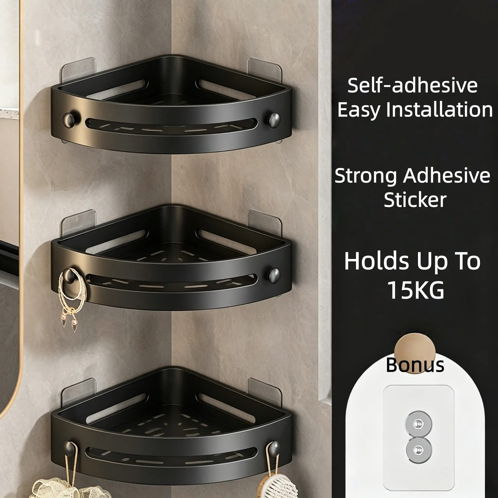 3 Tier Wall Mounted Bathroom Shelf Corner Storage Rack Punch Free Bathroom Storage Organizer Bathroom Accessories Organizer Bathroom Corner Shelving Unit for Space Saving, Durable Shower Organizer