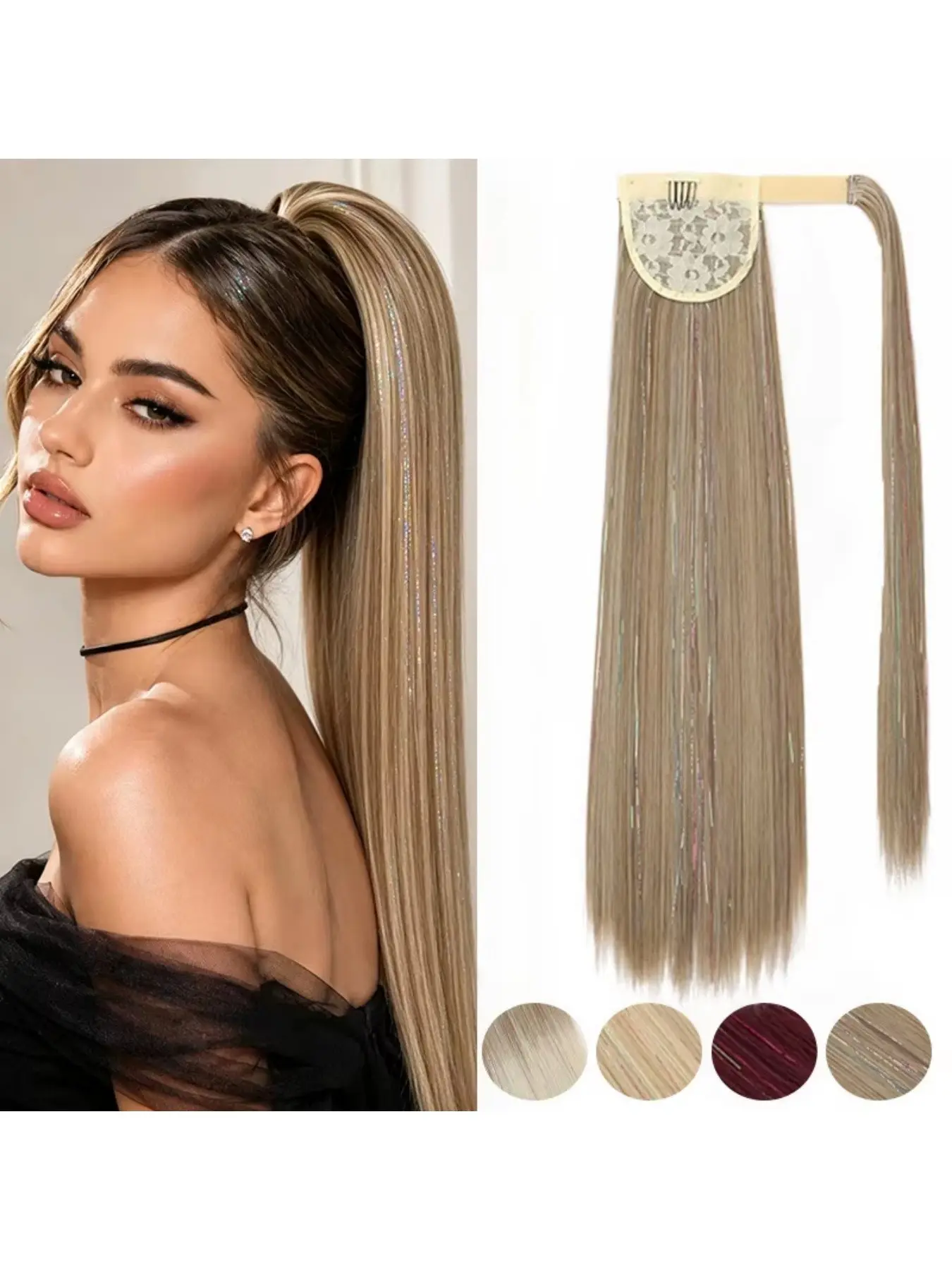 Synthetic Long Straight Tinsel Highlights Color Ponytail Hair Extension Drawstring Wrap-Around Hairpiece for Women Use
