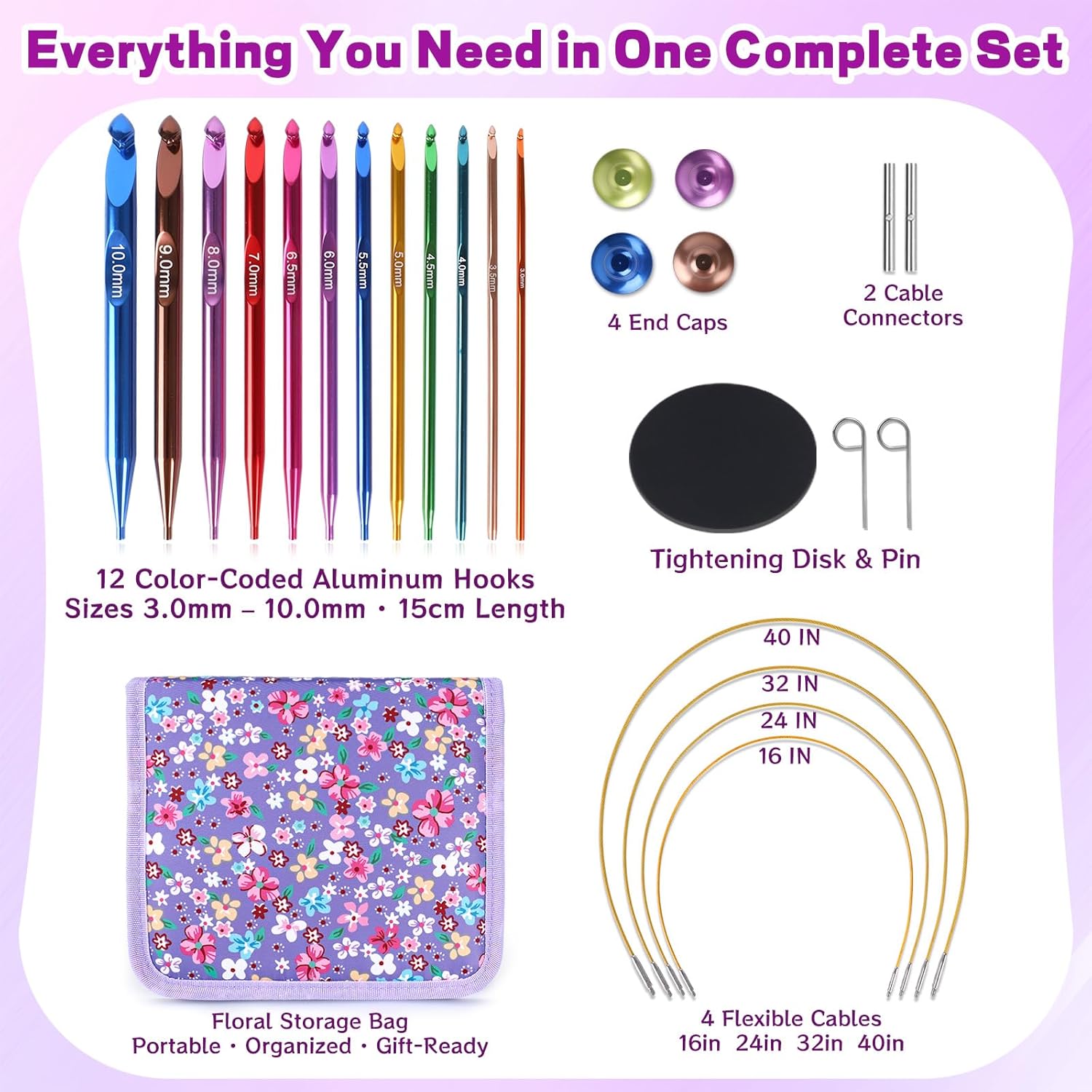 Interchangeable Tunisian Crochet Hooks Set - 12 Sizes (3.0-10mm)  Crochet Hooks with 4 Cables, Accessories & Floral Storage Bag - Detachable Afghan Crochet Hook Kit