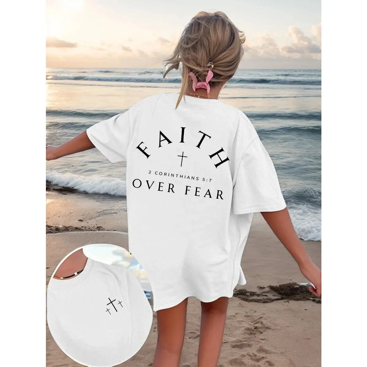 Women Oversized 100% Cotton Faith T-Shirt, Dual Print Faith Over Fear Cross 2 Corinthians 5:7 Bible Verse Vintage Christian Worship Casual Beach Graphic Tee,jesus t shirts,oversized graphic tee,tshirts women