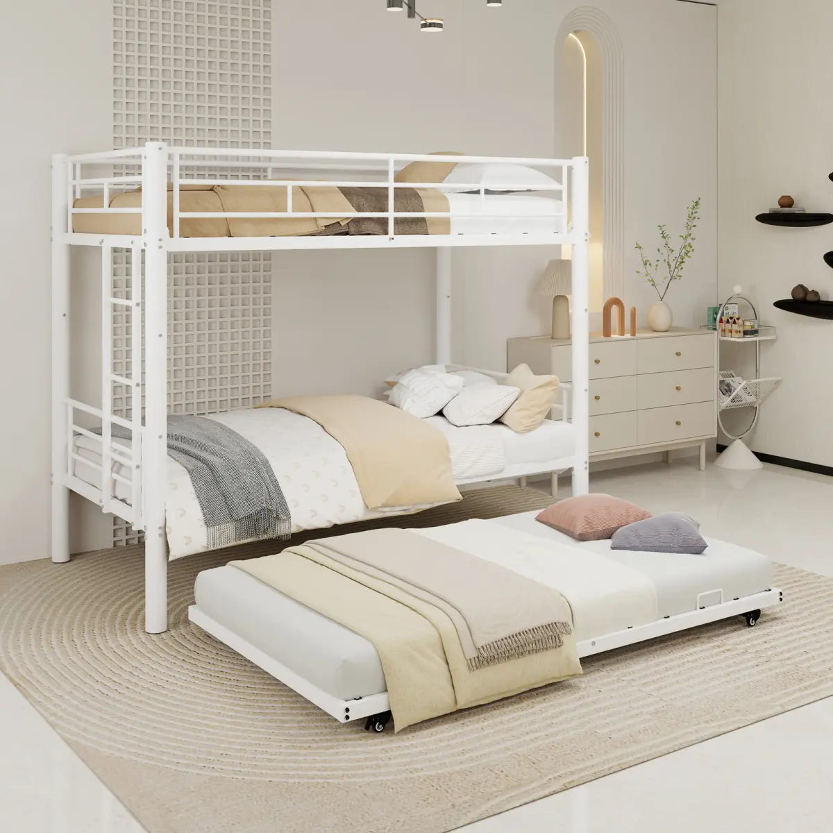 White Twin Metal Triple Bunk Bed with Removable Design – Durable Iron Structure, Separates Into Three Twin Beds, Space-Saving Configuration, Elegant White Finish    RR