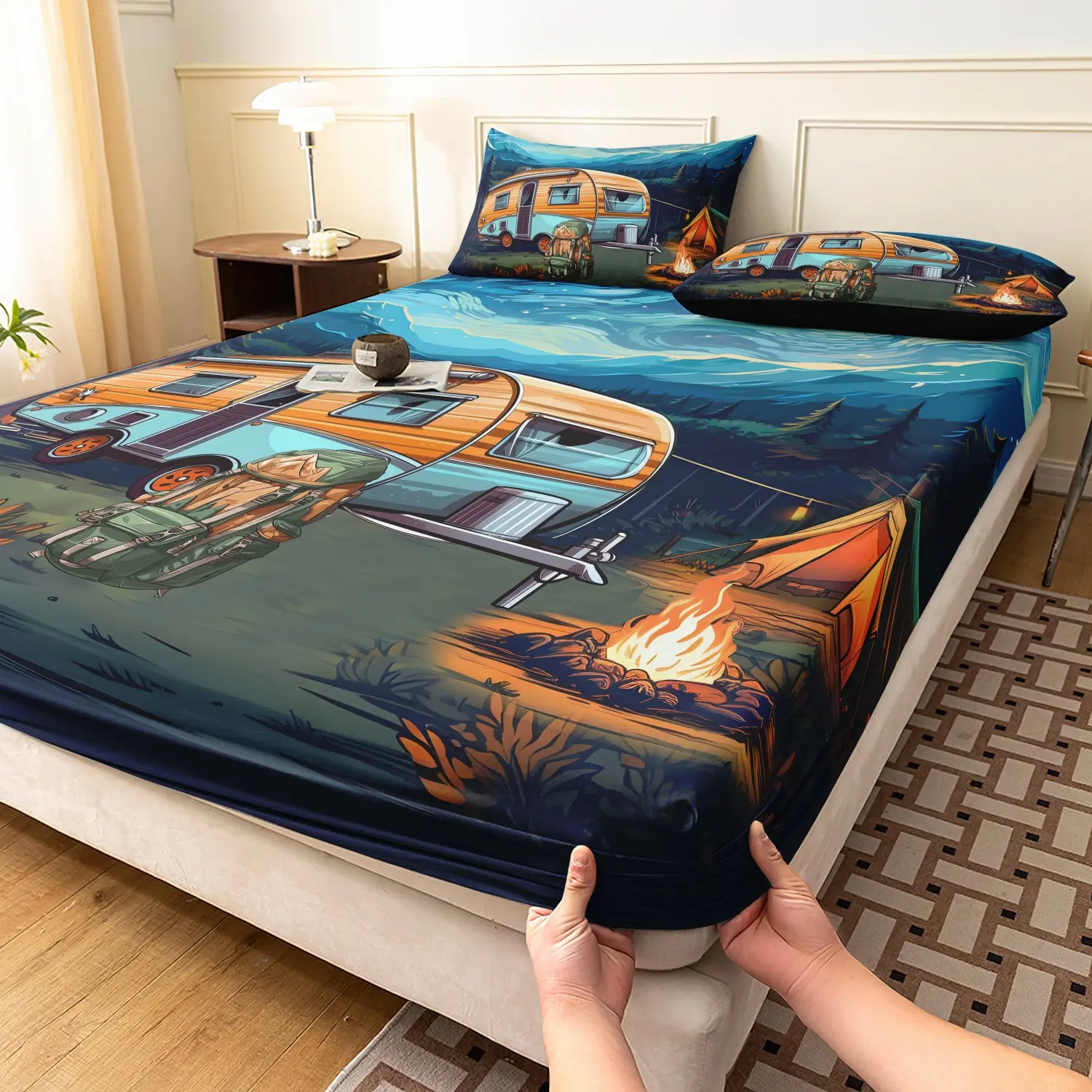 3Pcs RV Camper Camping Print Fitted Sheet Set, Night Forest Mountain Caravan Tent Campfire Printed Bedding, For Bedroom Home Decoration, Multiple Sizes Available (1 Fitted Sheet + 2 Pillowcases, No Pillow)