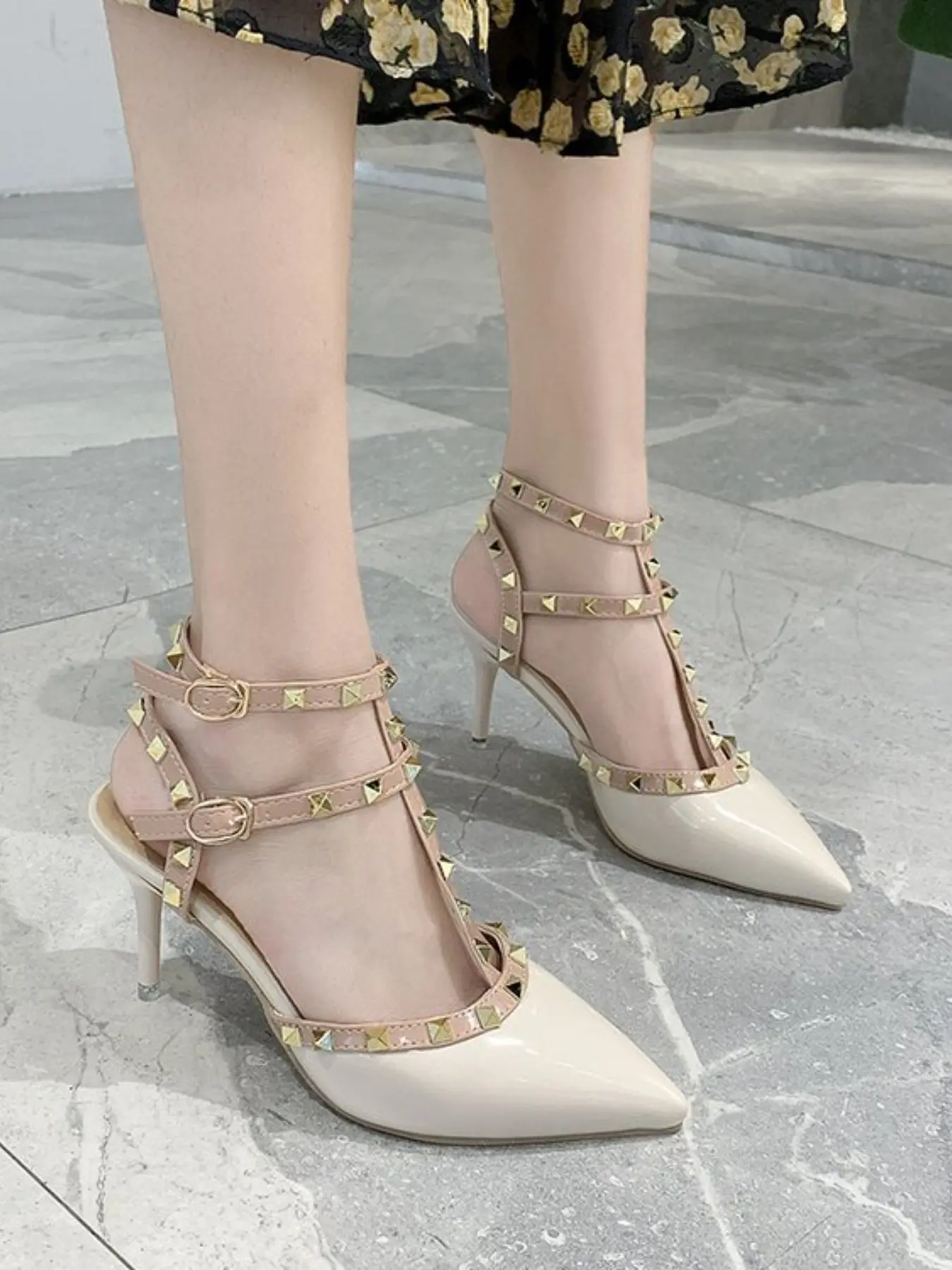 Women Patent Pointed Toe T-Strap Studded Ankle Strap Stiletto Sandals Trendy Multi Buckle Strappy High Heels Edgy Glam Dating Club Evening Party Wedding Guest Outfits 4 Colors Black Nude Red Off White