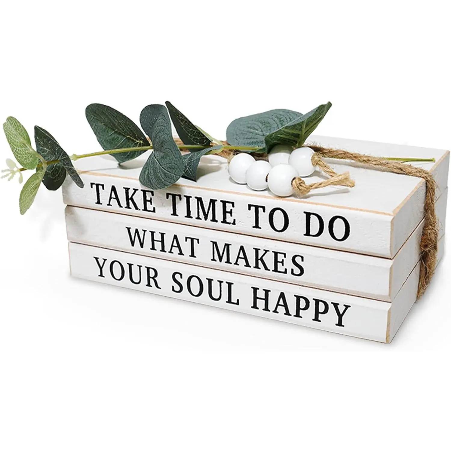 3 Pieces Wooden Decorative White Books, Rustic Farmhouse Faux Books for Coffee Table Shelves with Wood Bead Tassels and Leaves, 7"x 4.6"x 2.5" (Take Time to Do What Makes Your Soul Happy) 3 Pieces Wooden Decorative White Books, Rustic Farmhouse Faux Books for Coffee Table Shelves with Wood Bead Tassels and Leaves, 7"x 4.6"x 2.5" (Take Time to Do What Makes Your Soul Happy)